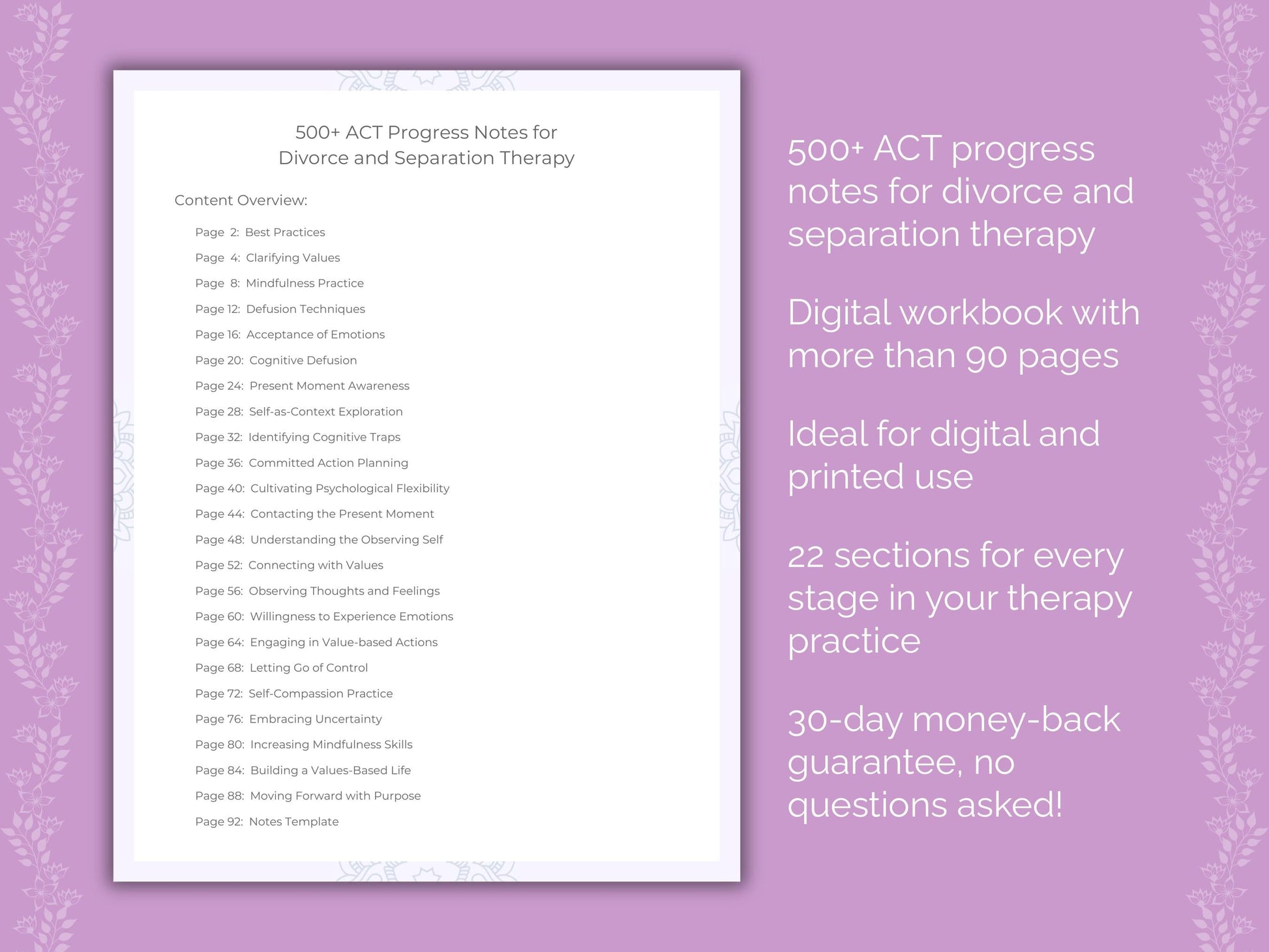 Divorce and Separation Acceptance and Commitment Therapy (ACT) Therapist Worksheets