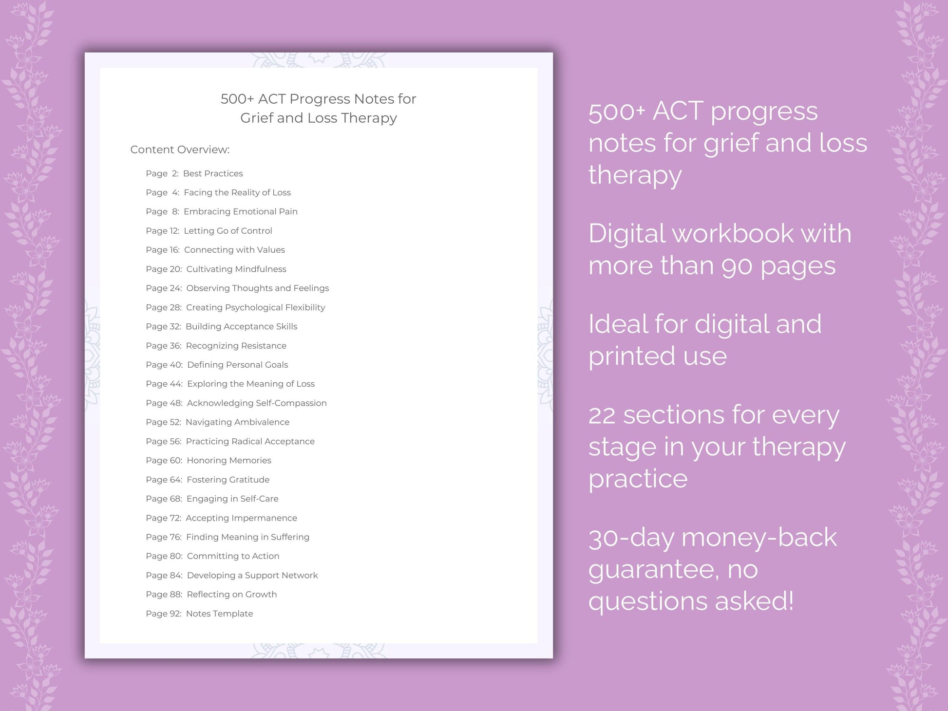 Grief and Loss Acceptance and Commitment Therapy (ACT) Therapist Worksheets