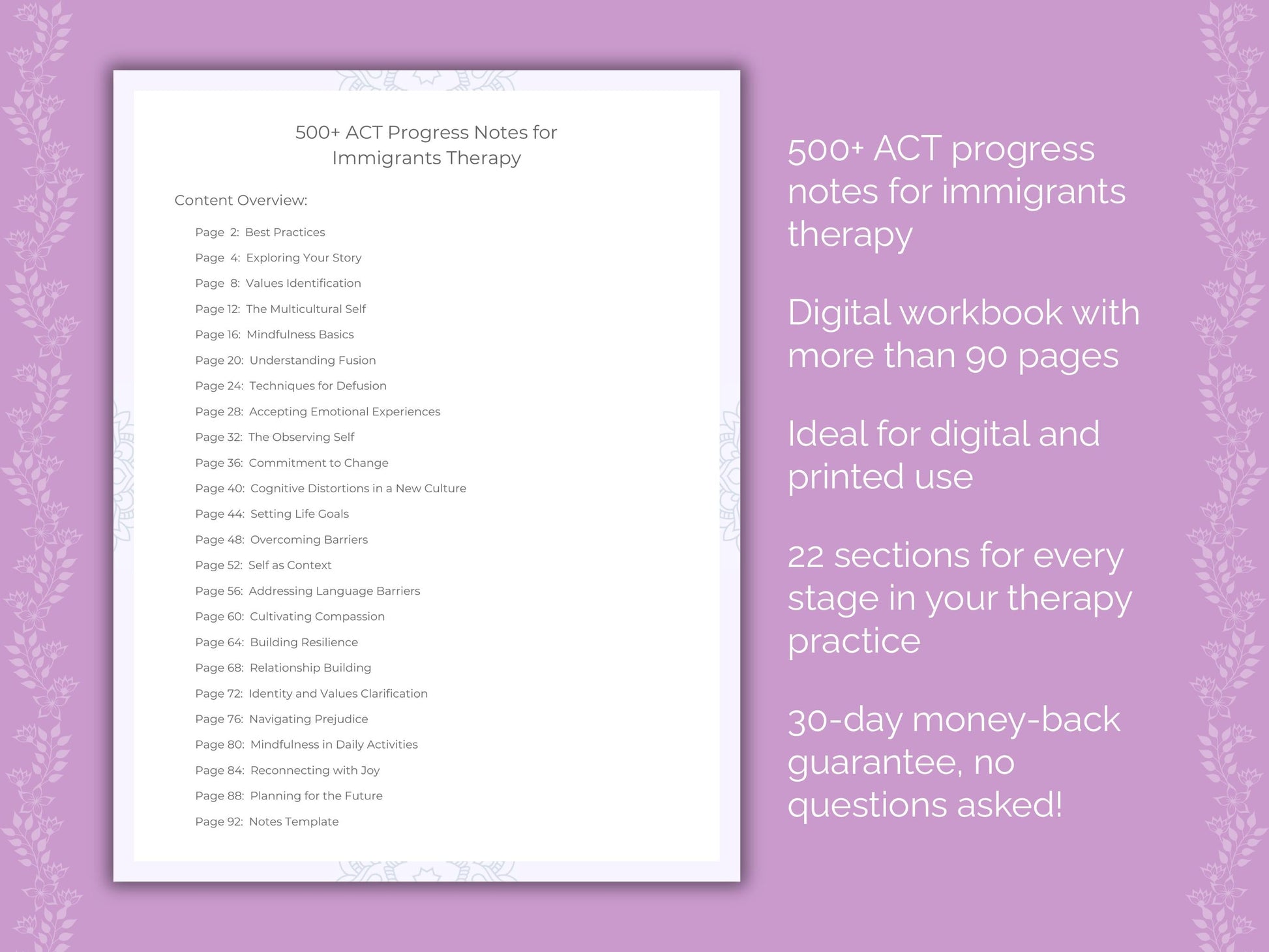 Immigrants Acceptance and Commitment Therapy (ACT) Therapist Worksheets