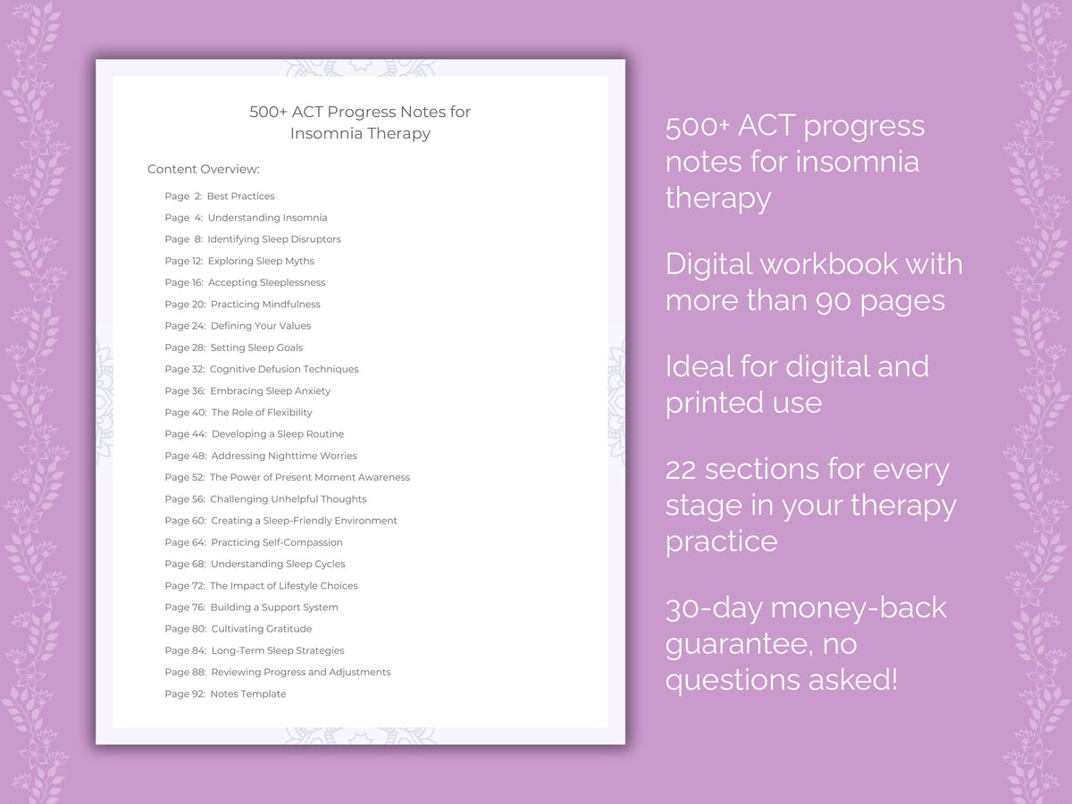 Insomnia Acceptance and Commitment Therapy (ACT) Therapist Worksheets