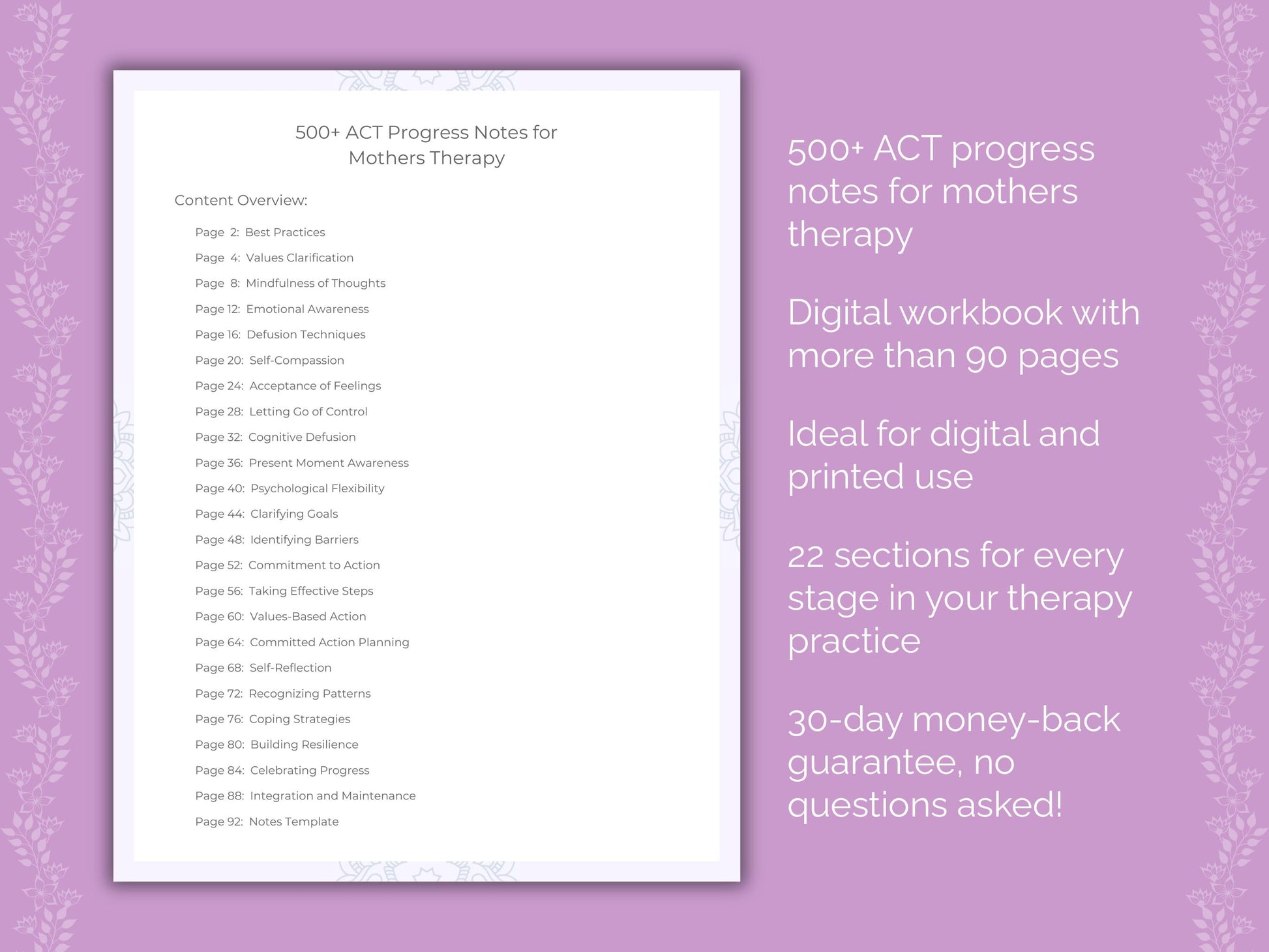 Mothers Acceptance and Commitment Therapy (ACT) Therapist Worksheets