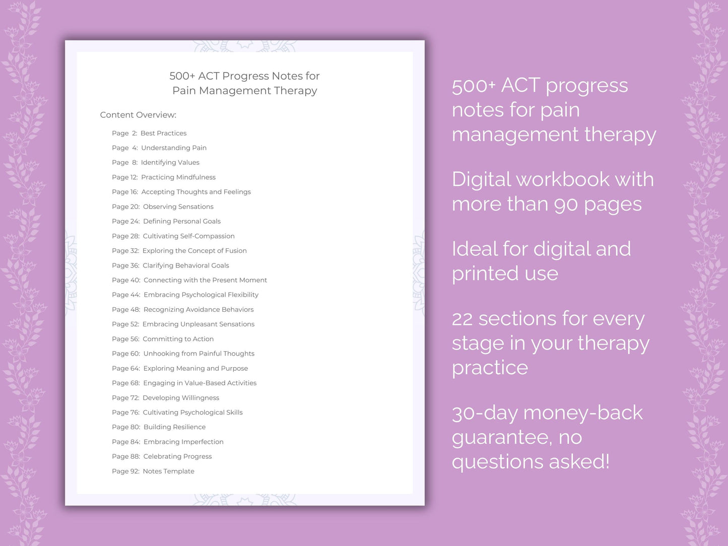 Pain Management Acceptance and Commitment Therapy (ACT) Therapist Worksheets