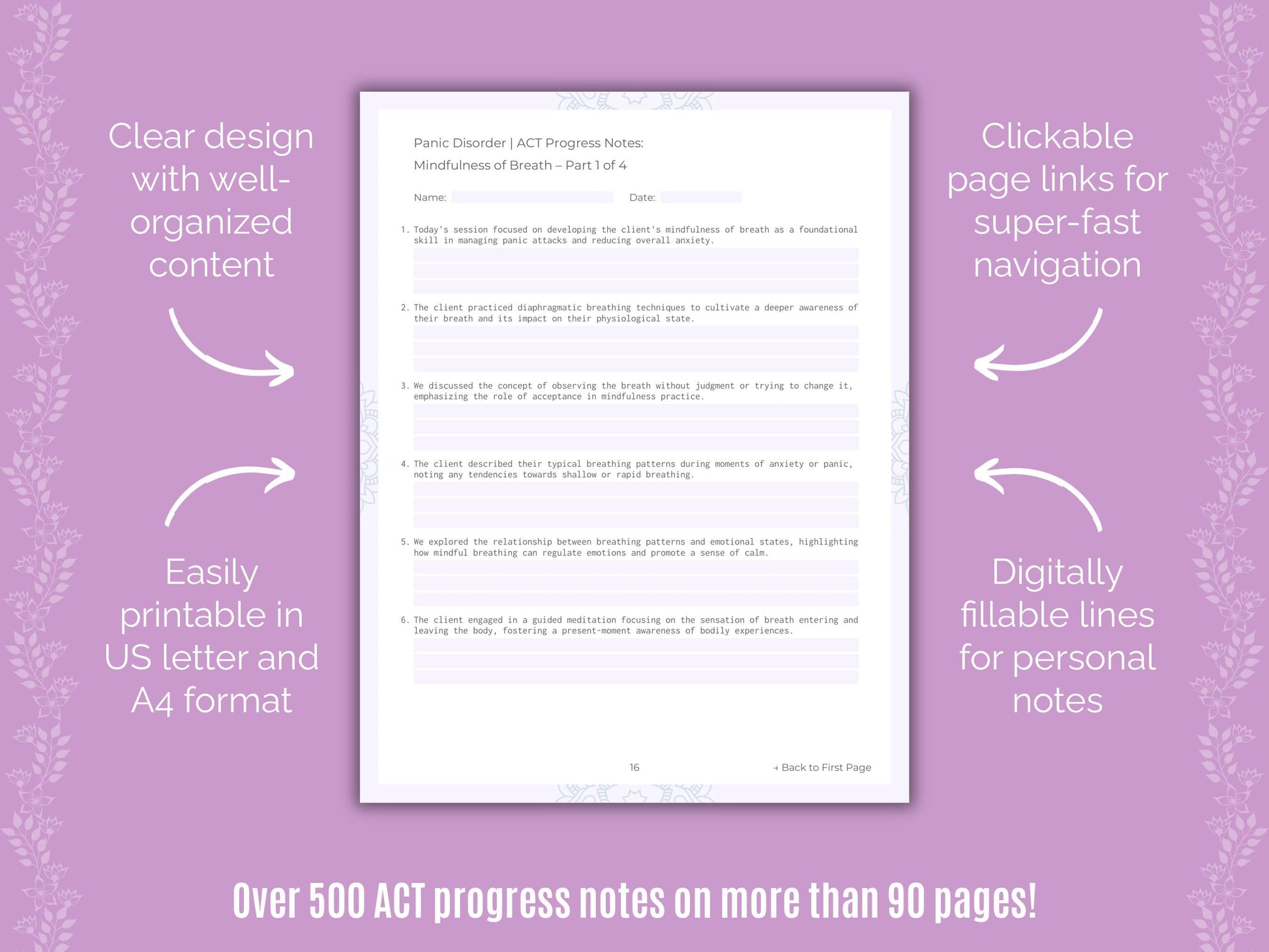 Panic Disorder Acceptance and Commitment Therapy (ACT) Counseling Templates