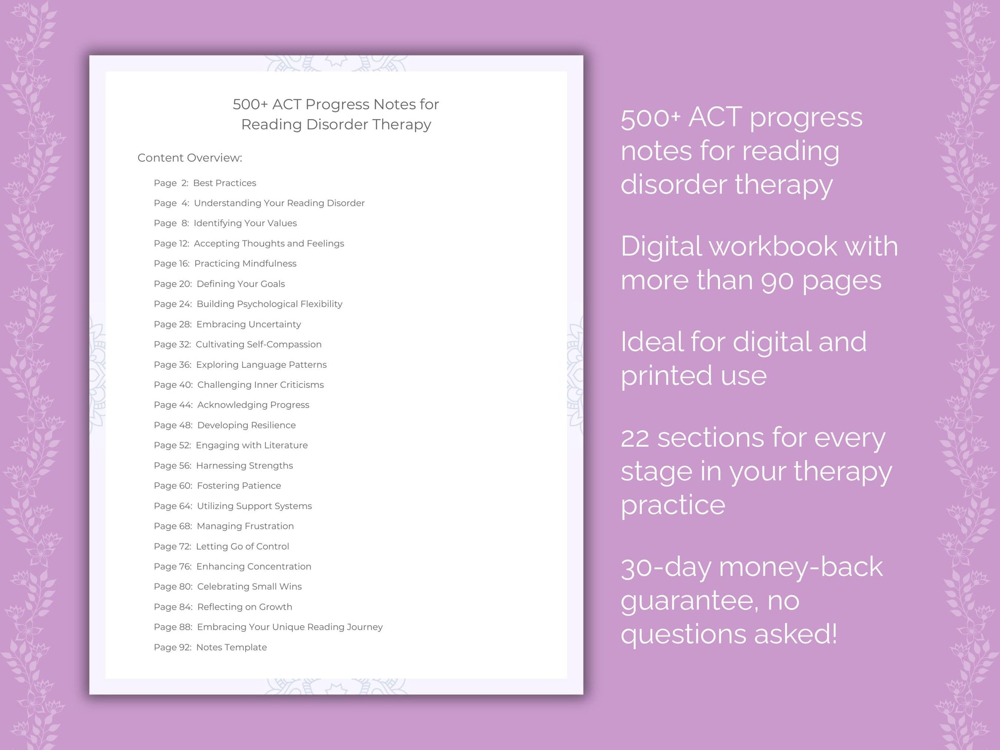 Reading Disorder Acceptance and Commitment Therapy (ACT) Therapist Worksheets