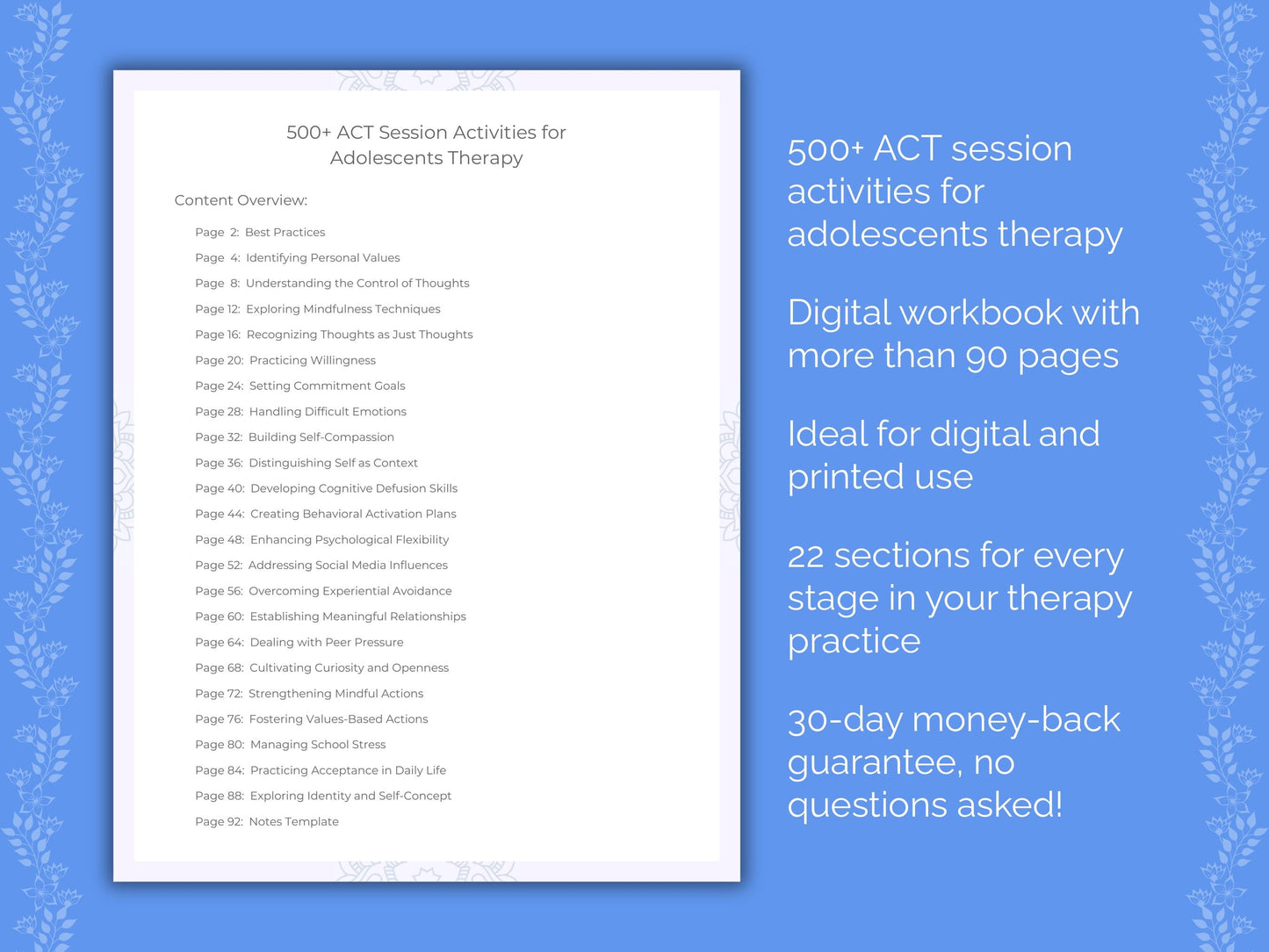 Adolescents Acceptance and Commitment Therapy (ACT) Therapist Worksheets