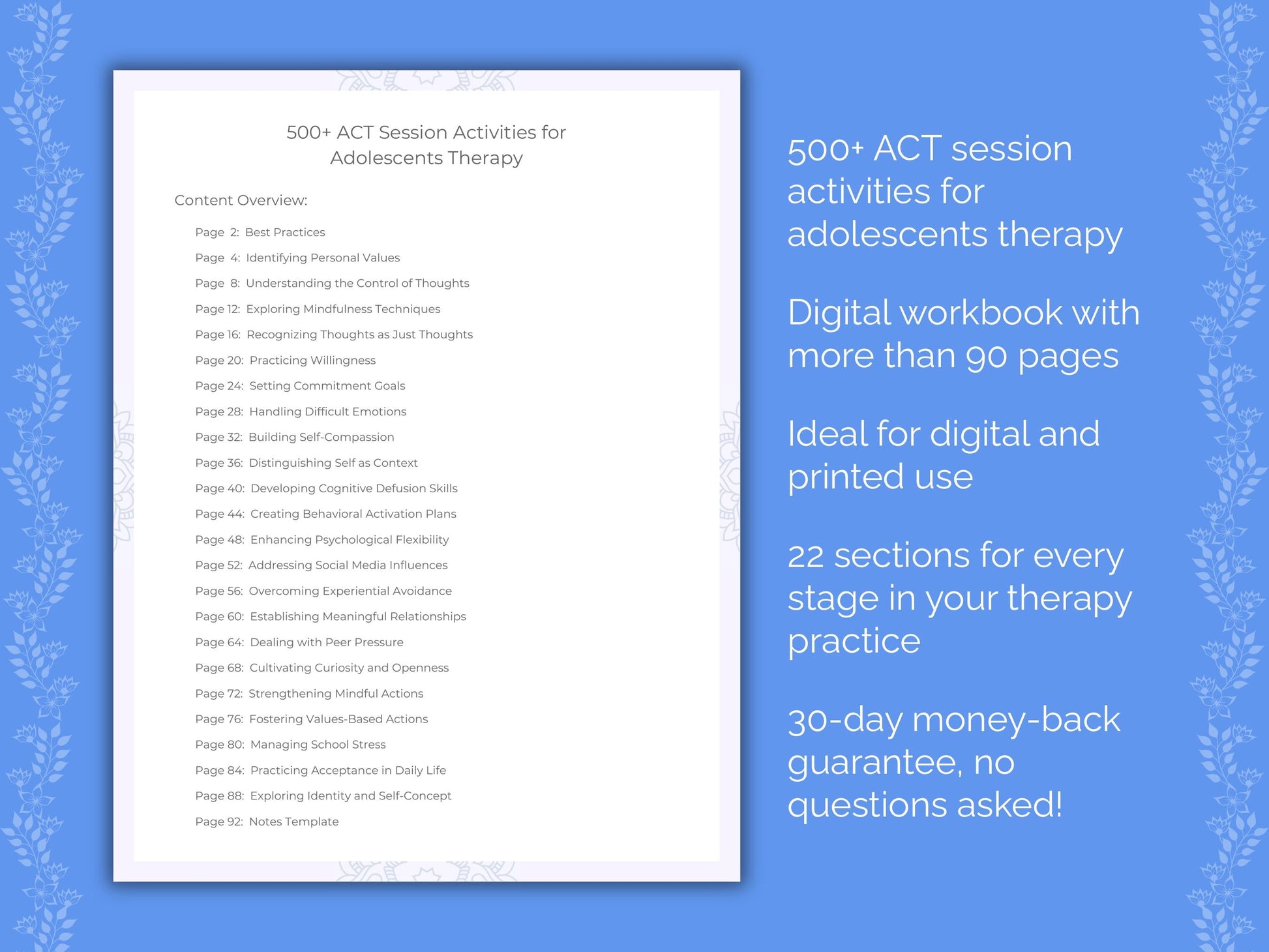 Adolescents Acceptance and Commitment Therapy (ACT) Therapist Worksheets