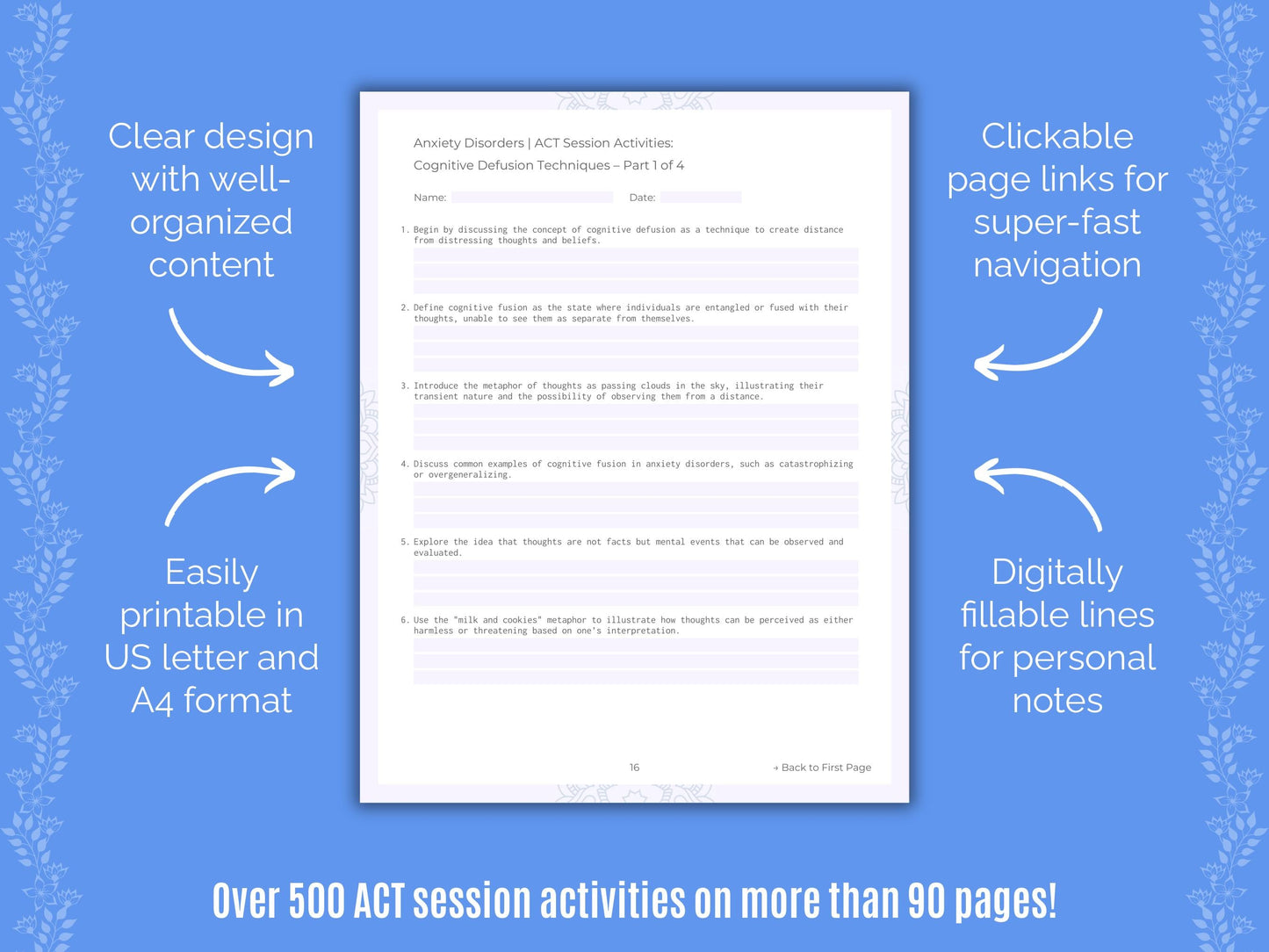 Anxiety Disorders Acceptance and Commitment Therapy (ACT) Counseling Templates