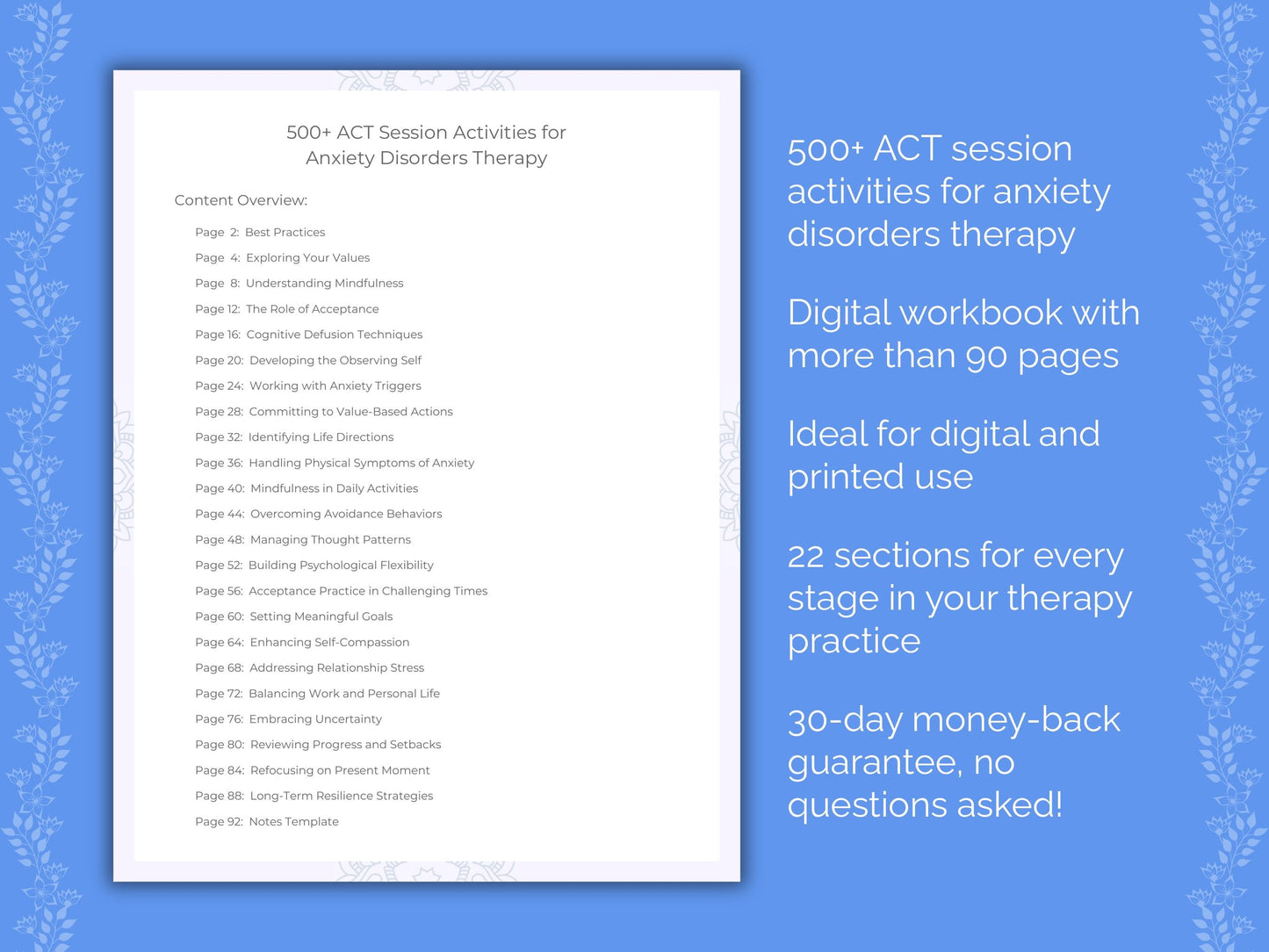 Anxiety Disorders Acceptance and Commitment Therapy (ACT) Therapist Worksheets