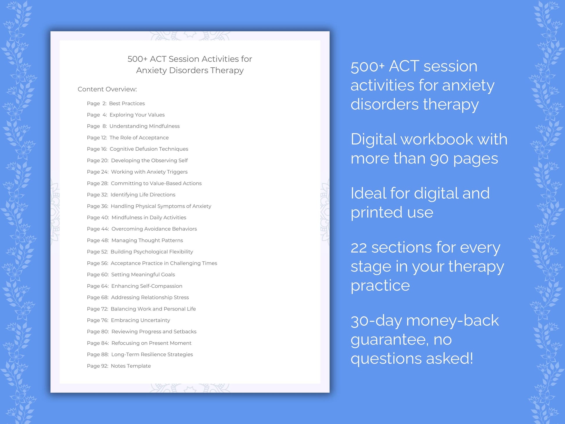 Anxiety Disorders Acceptance and Commitment Therapy (ACT) Therapist Worksheets