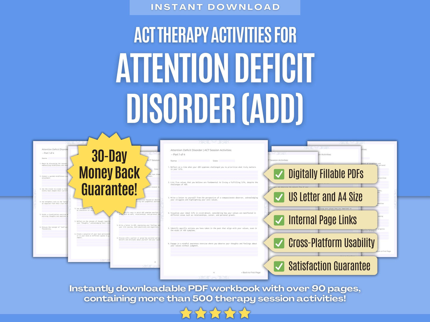 Attention Deficit Disorder (ADD) Acceptance and Commitment Therapy (ACT) Psychology Workbooks