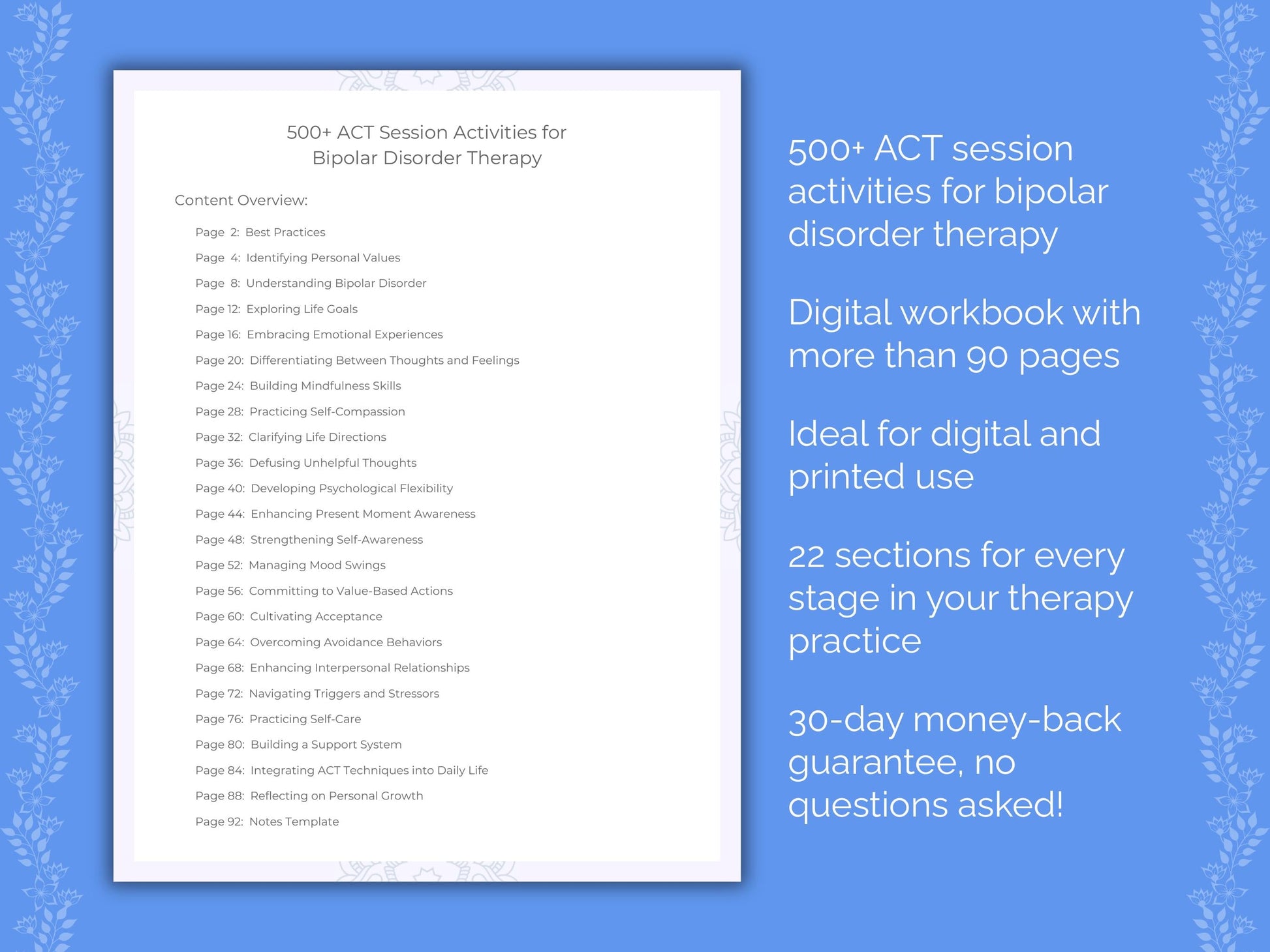 Bipolar Disorder Acceptance and Commitment Therapy (ACT) Therapist Worksheets