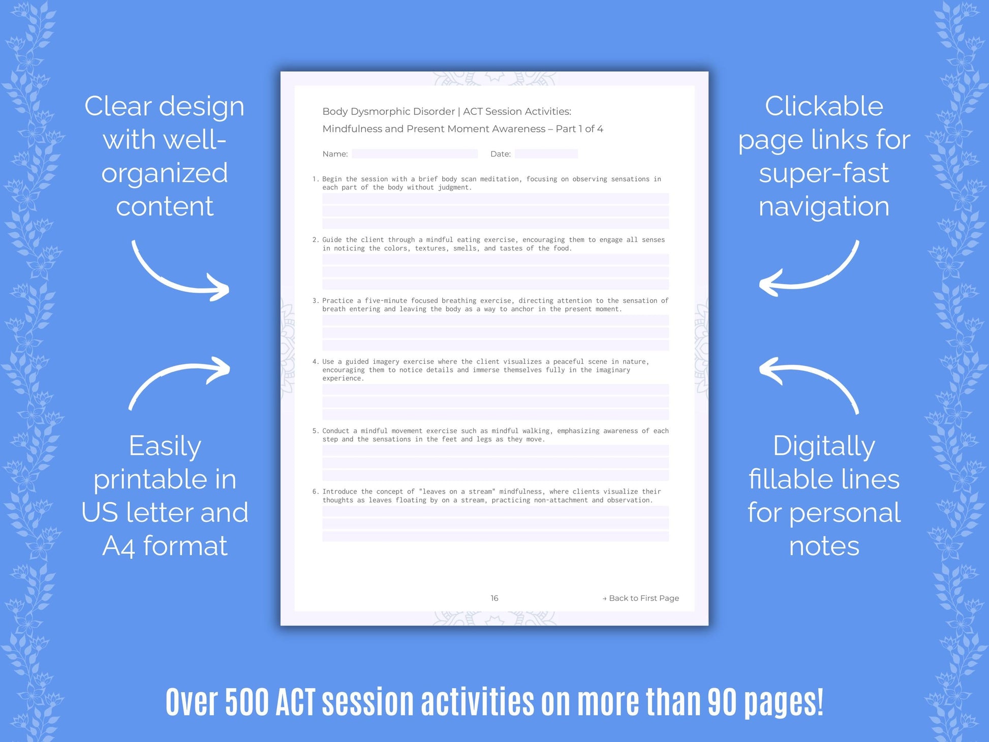 Body Dysmorphic Disorder (BDD) Acceptance and Commitment Therapy (ACT) Counseling Templates