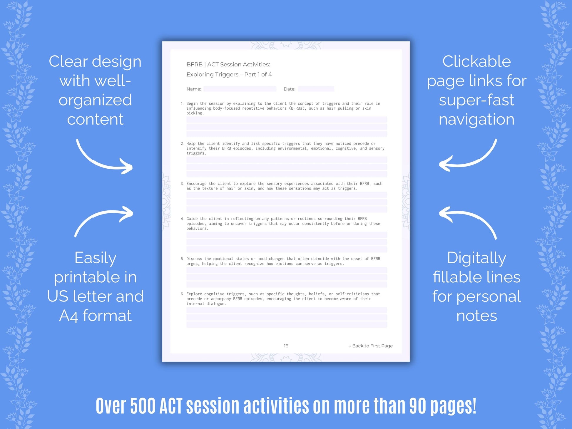 Body-Focused Repetitive Behavior (BFRB) Acceptance and Commitment Therapy (ACT) Counseling Templates