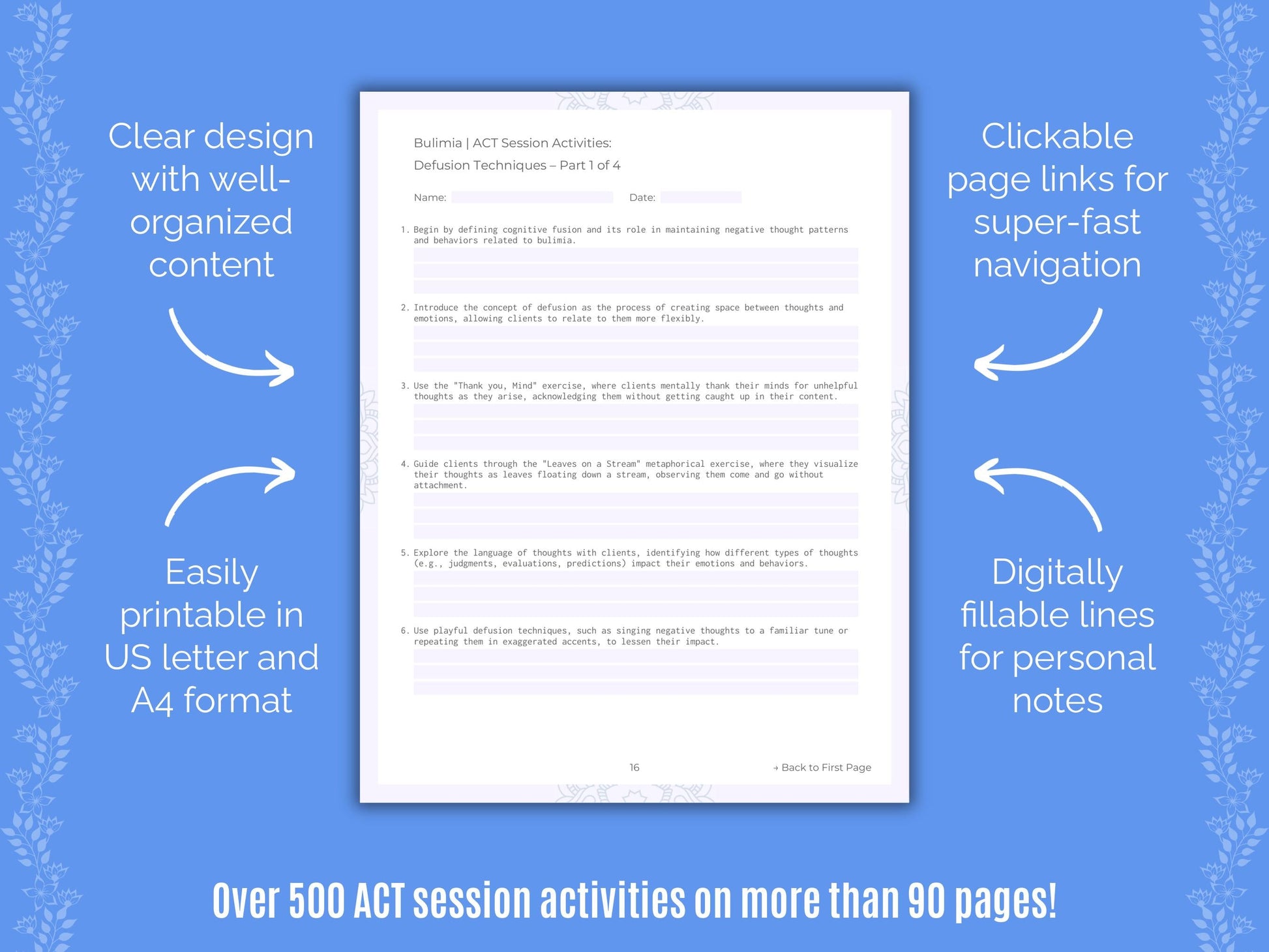 Bulimia Acceptance and Commitment Therapy (ACT) Counseling Templates