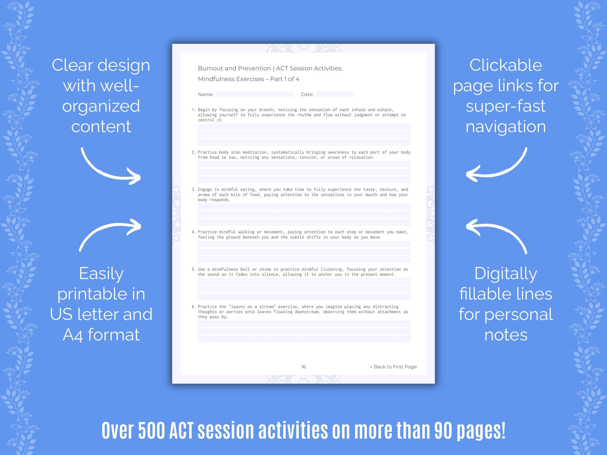 Burnout and Prevention Acceptance and Commitment Therapy (ACT) Counseling Templates