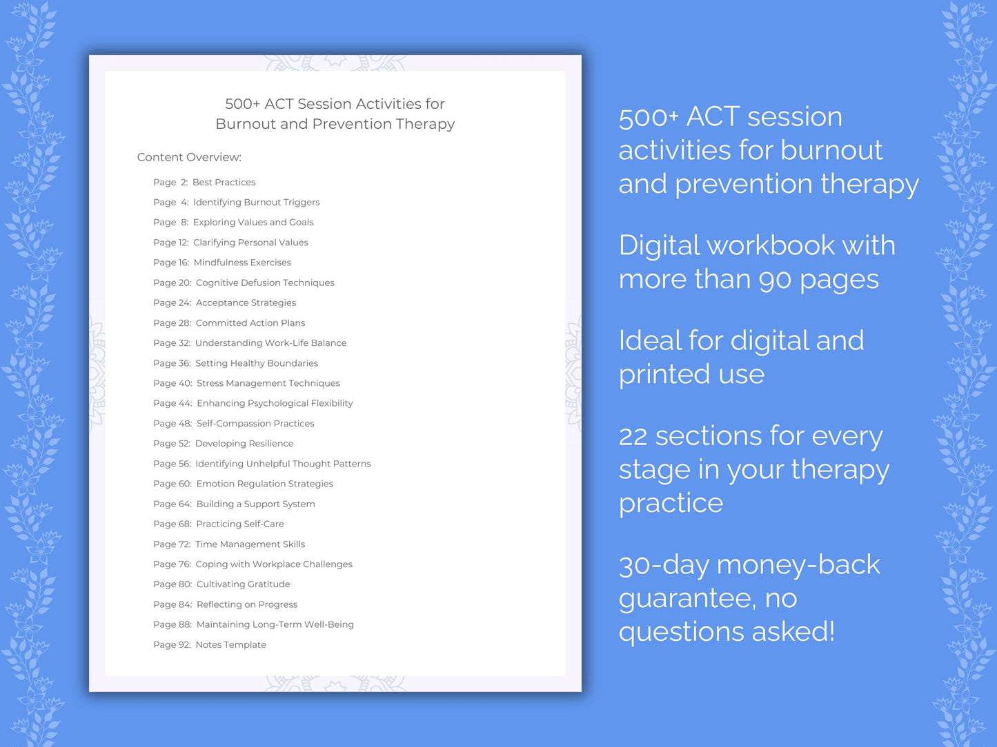 Burnout and Prevention Acceptance and Commitment Therapy (ACT) Therapist Worksheets