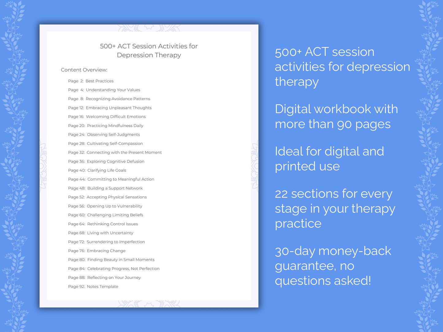 Depression Acceptance and Commitment Therapy (ACT) Therapist Worksheets