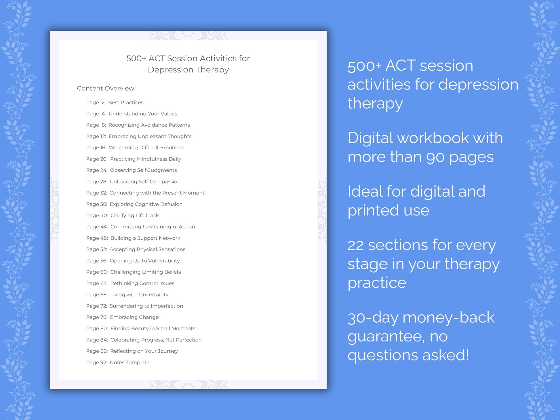 Depression Acceptance and Commitment Therapy (ACT) Therapist Worksheets