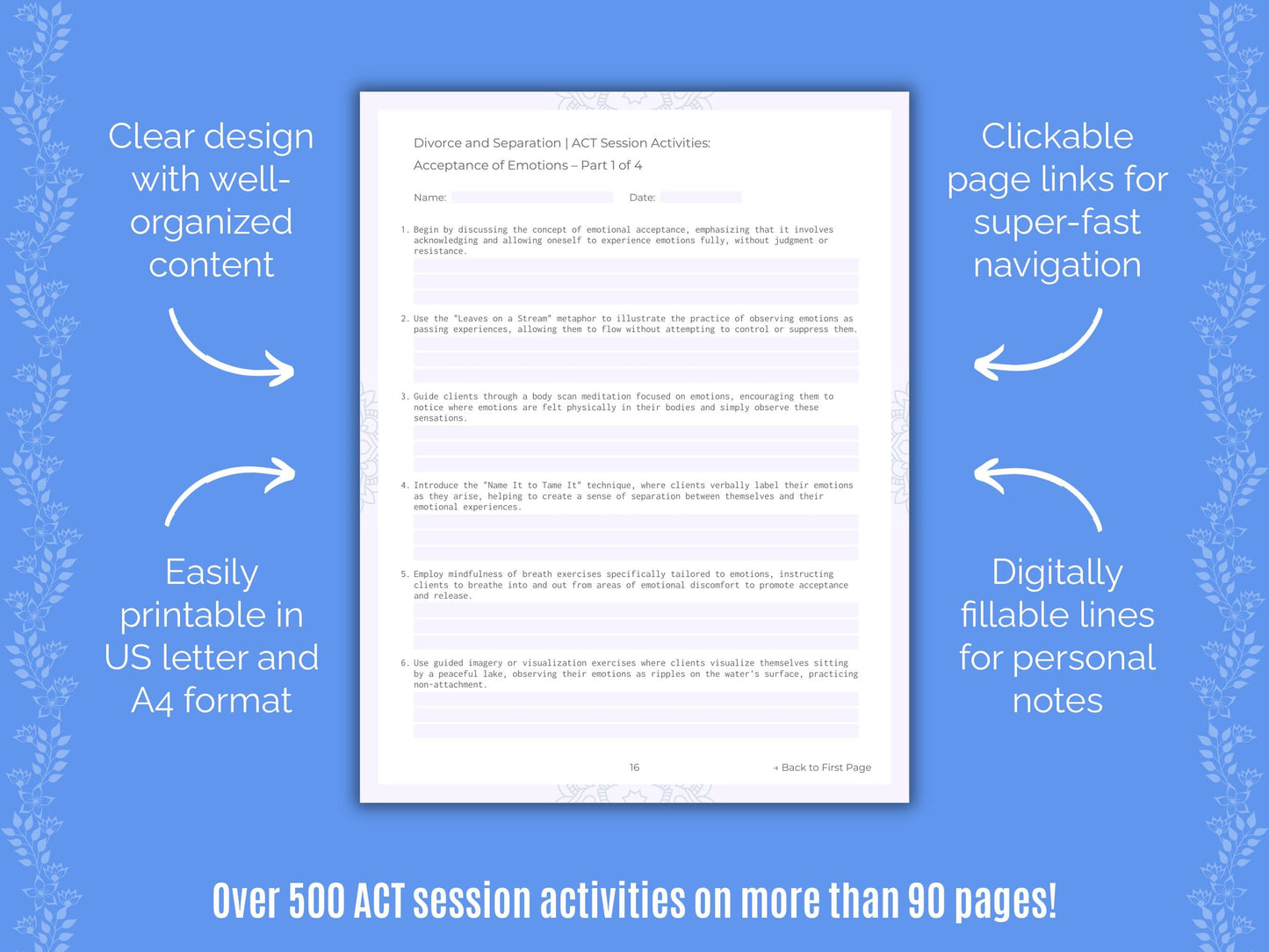 Divorce and Separation Acceptance and Commitment Therapy (ACT) Counseling Templates