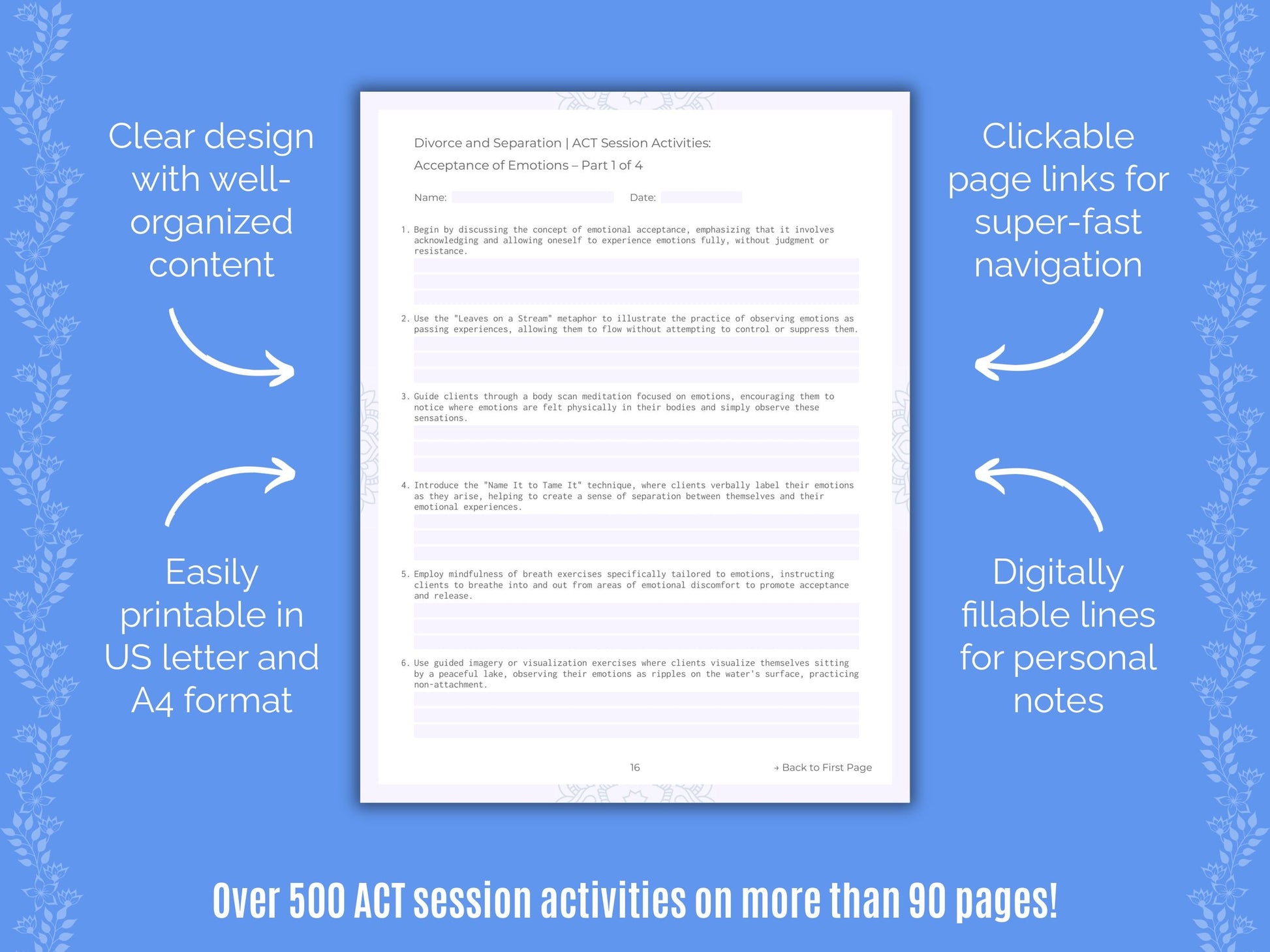 Divorce and Separation Acceptance and Commitment Therapy (ACT) Counseling Templates