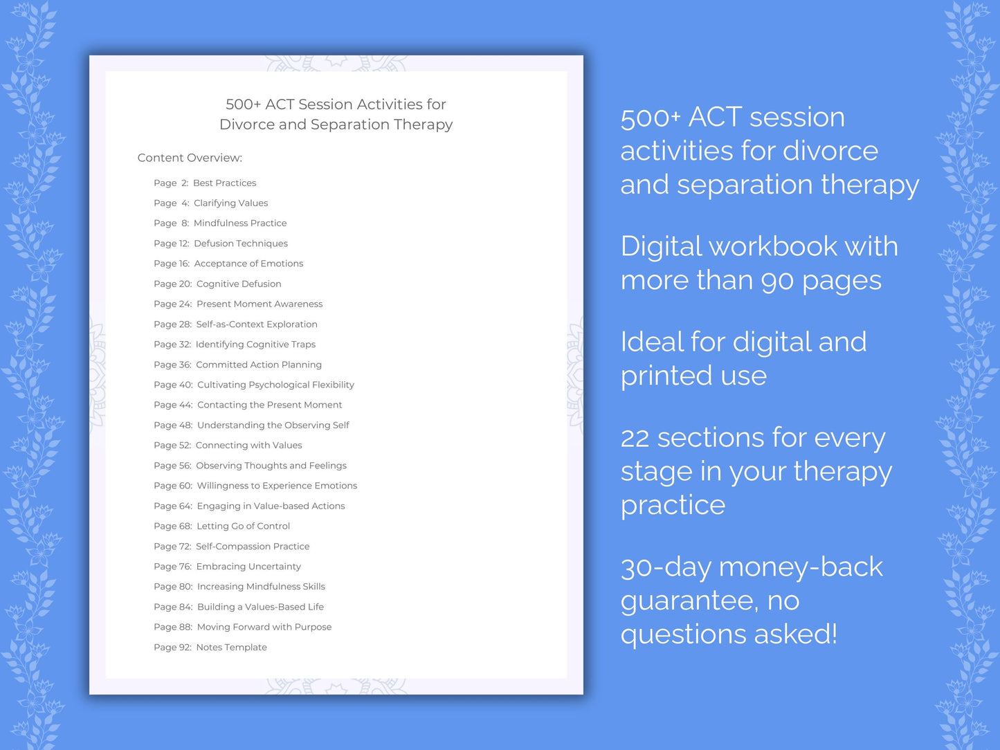 Divorce and Separation Acceptance and Commitment Therapy (ACT) Therapist Worksheets