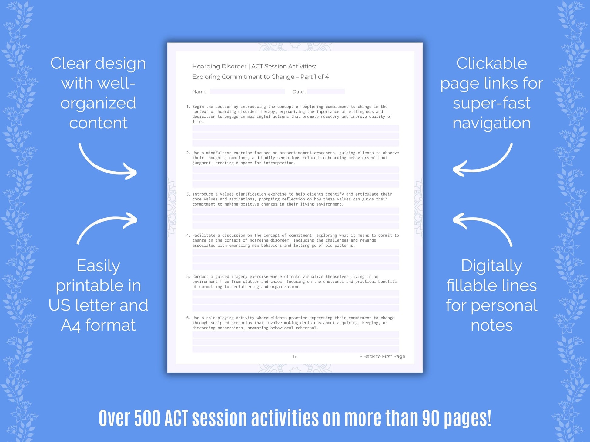 Hoarding Disorder Acceptance and Commitment Therapy (ACT) Counseling Templates