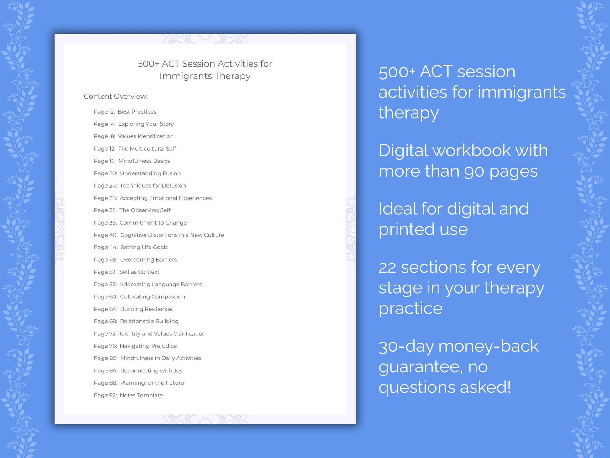 Immigrants Acceptance and Commitment Therapy (ACT) Therapist Worksheets