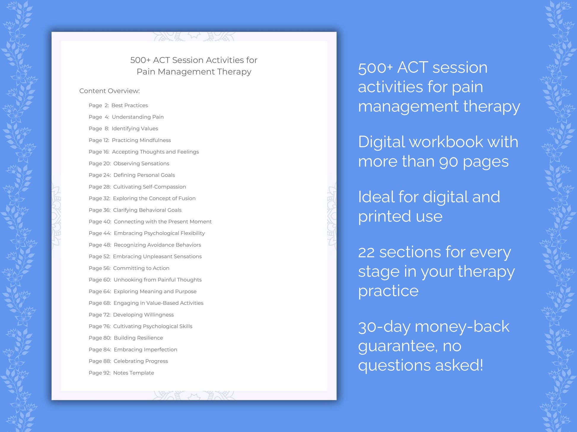 Pain Management Acceptance and Commitment Therapy (ACT) Therapist Worksheets