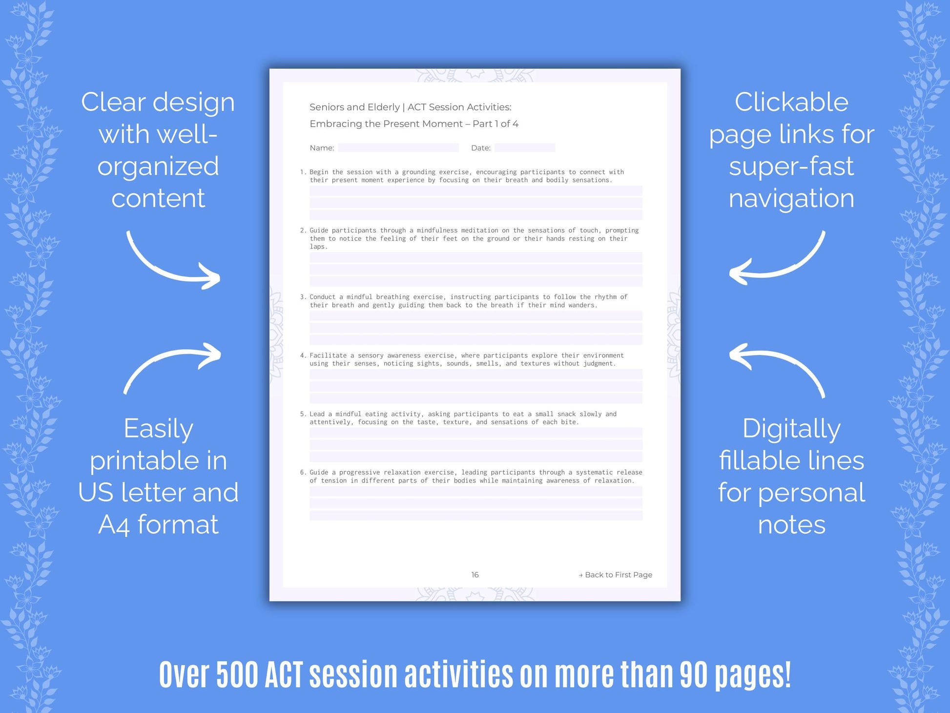 Seniors and Elderly Acceptance and Commitment Therapy (ACT) Counseling Templates