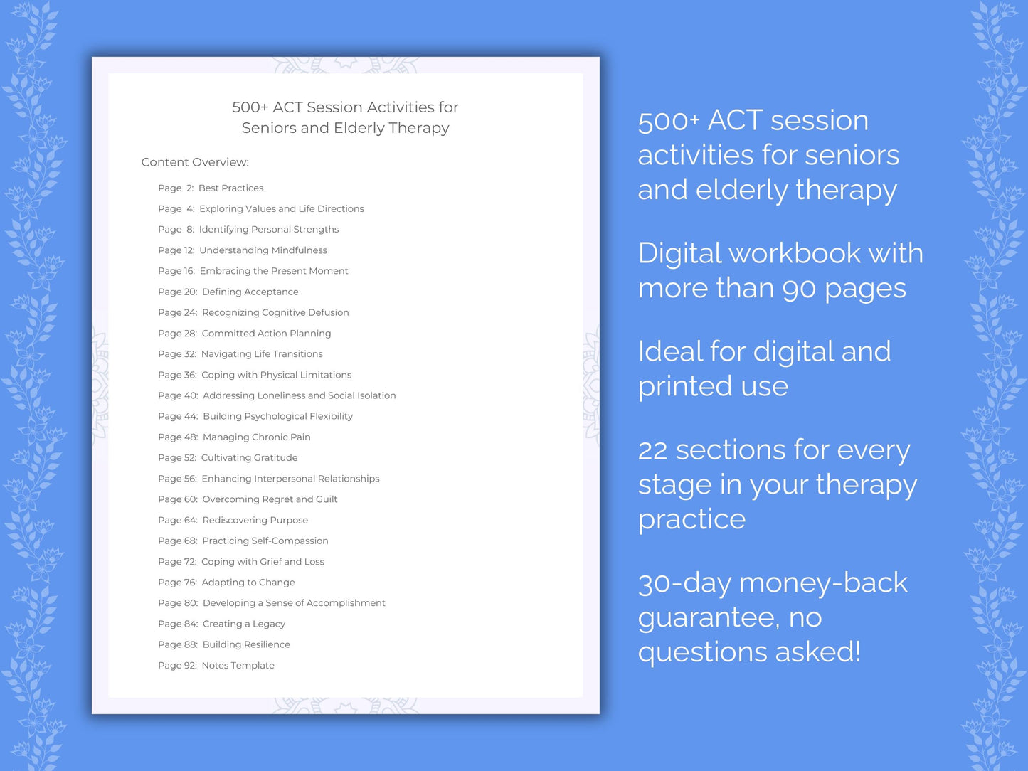 Seniors and Elderly Acceptance and Commitment Therapy (ACT) Therapist Worksheets