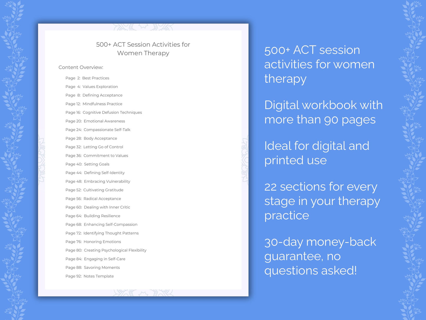 Women Acceptance and Commitment Therapy (ACT) Therapist Worksheets