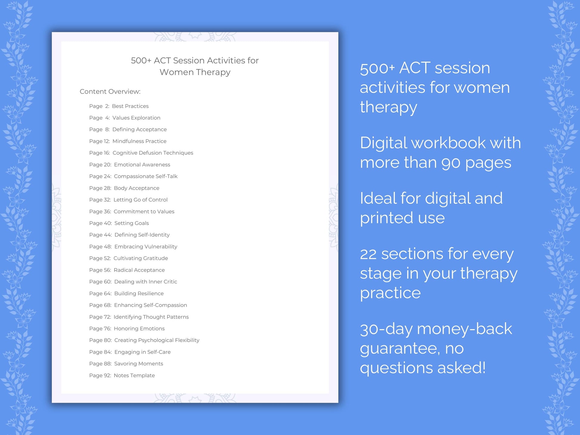 Women Acceptance and Commitment Therapy (ACT) Therapist Worksheets