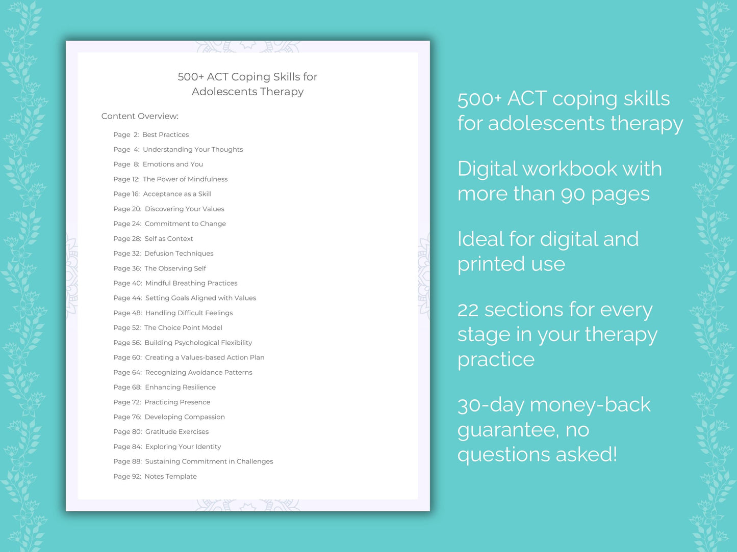 Adolescents Acceptance and Commitment Therapy (ACT) Therapist Worksheets