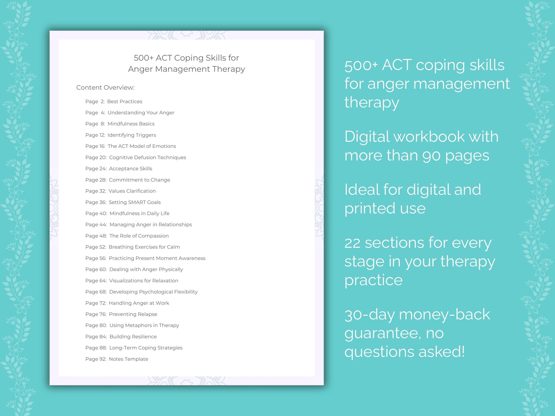 Anger Management Acceptance and Commitment Therapy (ACT) Therapist Worksheets
