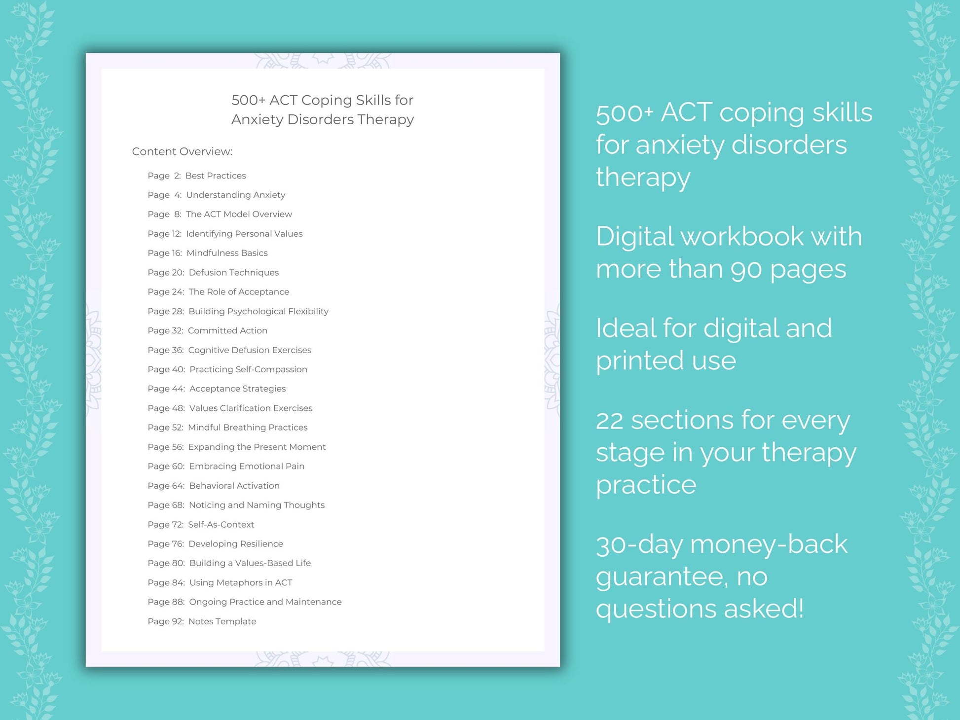 Anxiety Disorders Acceptance and Commitment Therapy (ACT) Therapist Worksheets