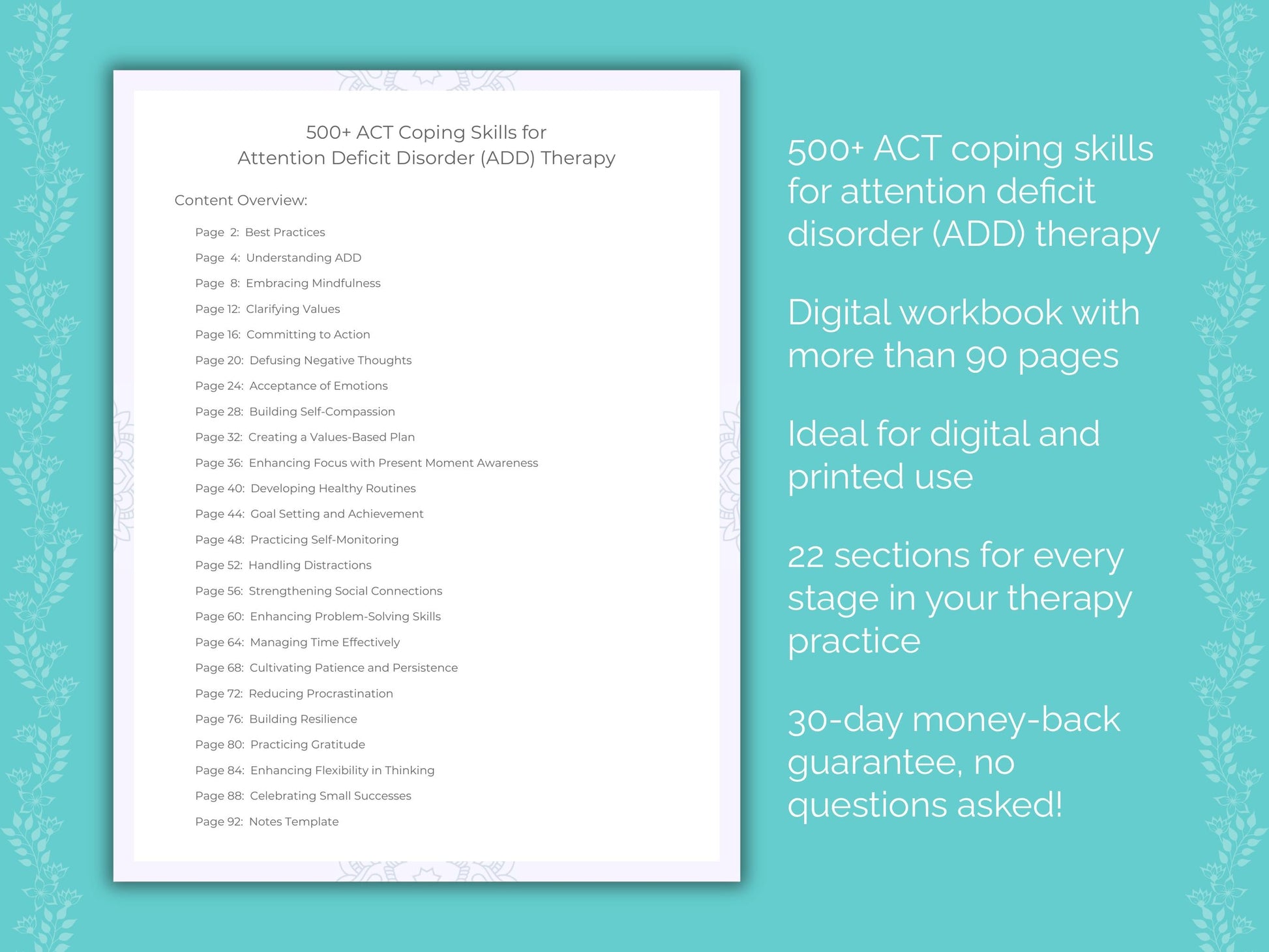 Attention Deficit Disorder (ADD) Acceptance and Commitment Therapy (ACT) Therapist Worksheets