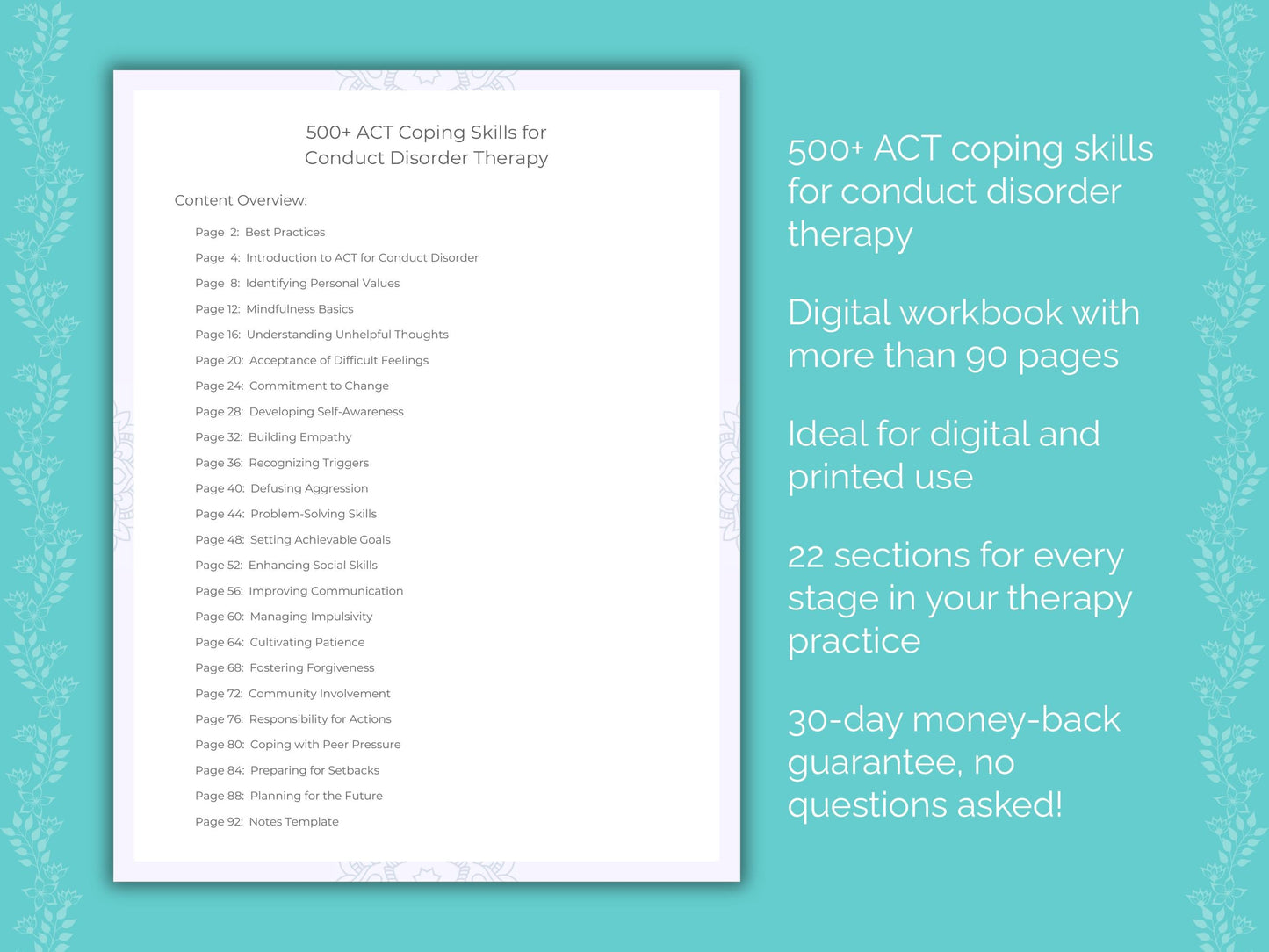 Conduct Disorder Acceptance and Commitment Therapy (ACT) Therapist Worksheets