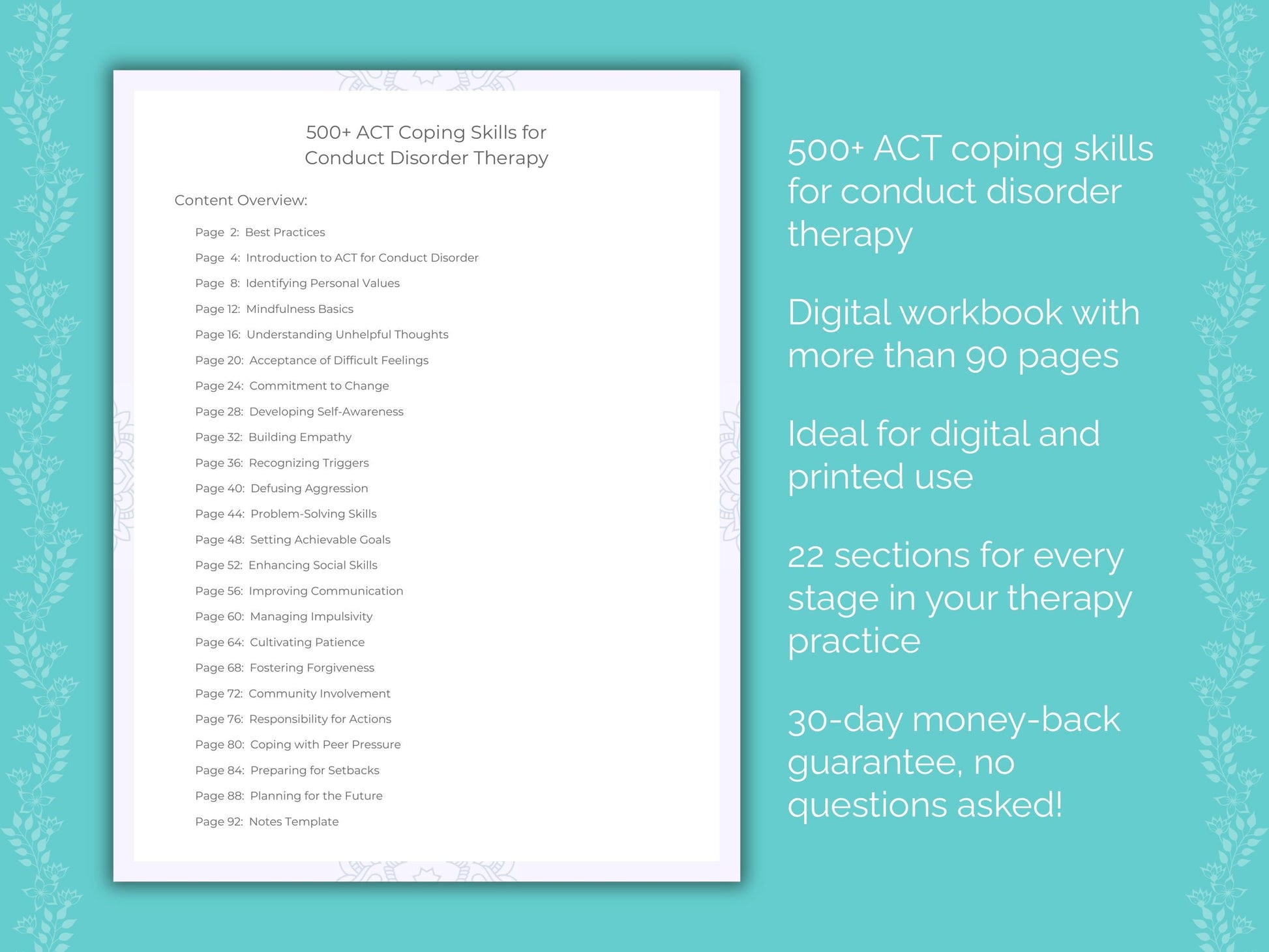 Conduct Disorder Acceptance and Commitment Therapy (ACT) Therapist Worksheets