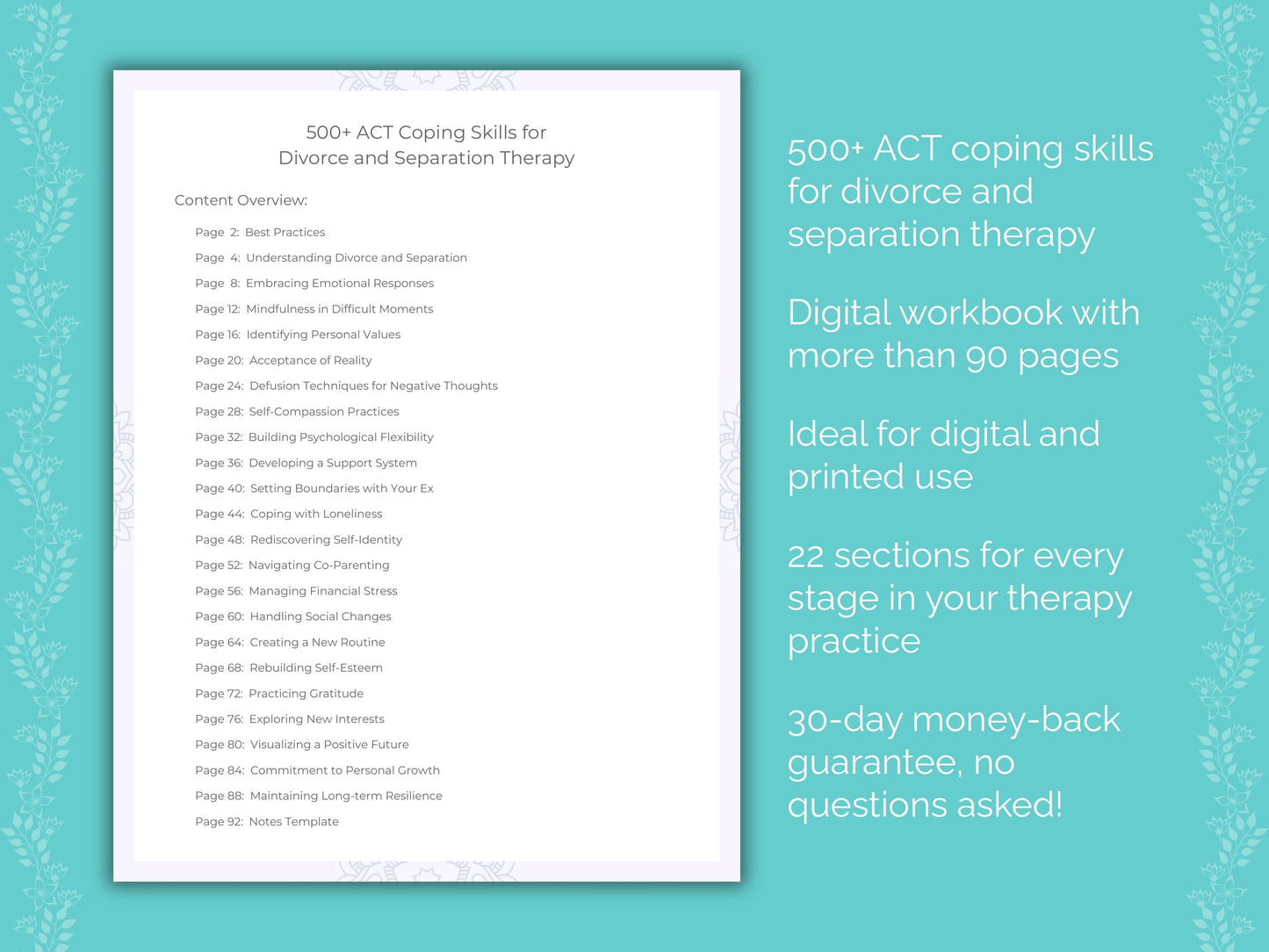 Divorce and Separation Acceptance and Commitment Therapy (ACT) Therapist Worksheets