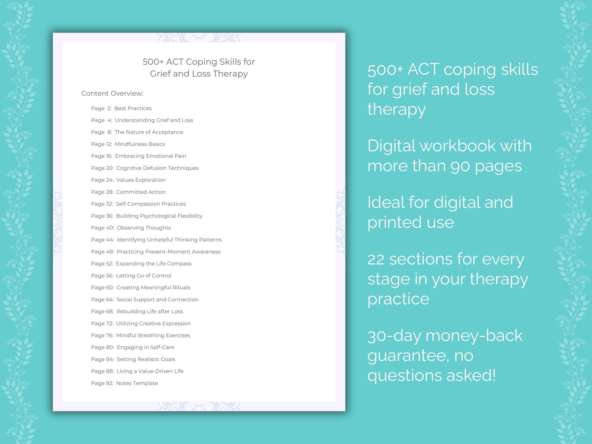 Grief and Loss Acceptance and Commitment Therapy (ACT) Therapist Worksheets