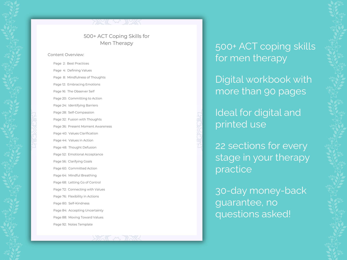 Men Acceptance and Commitment Therapy (ACT) Therapist Worksheets