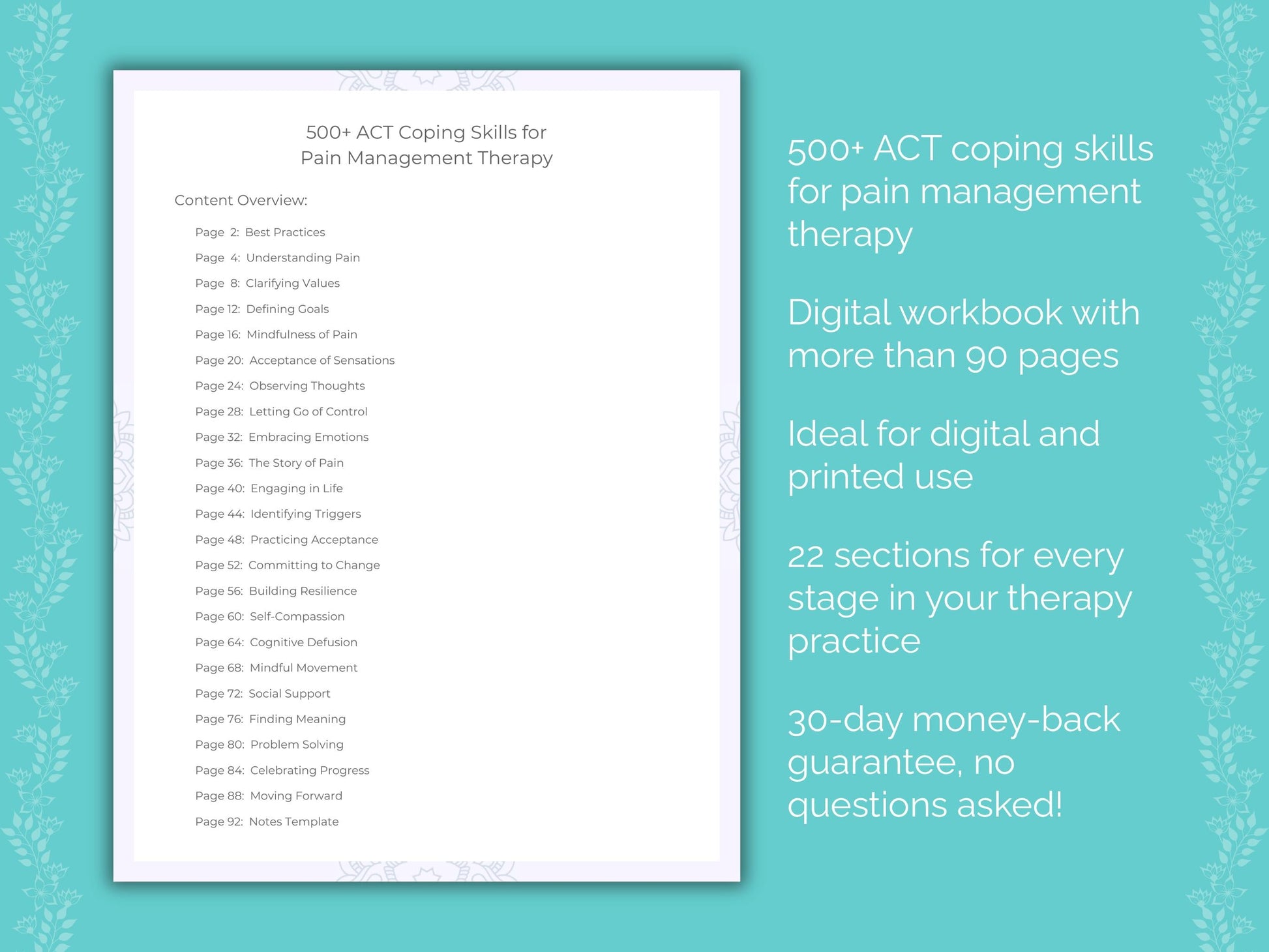 Pain Management Acceptance and Commitment Therapy (ACT) Therapist Worksheets