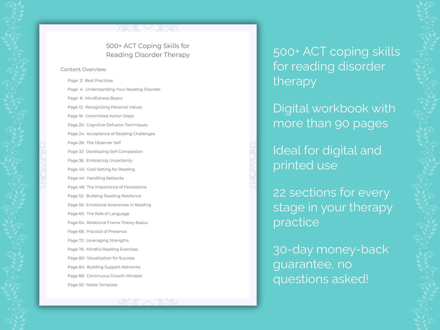 Reading Disorder Acceptance and Commitment Therapy (ACT) Therapist Worksheets