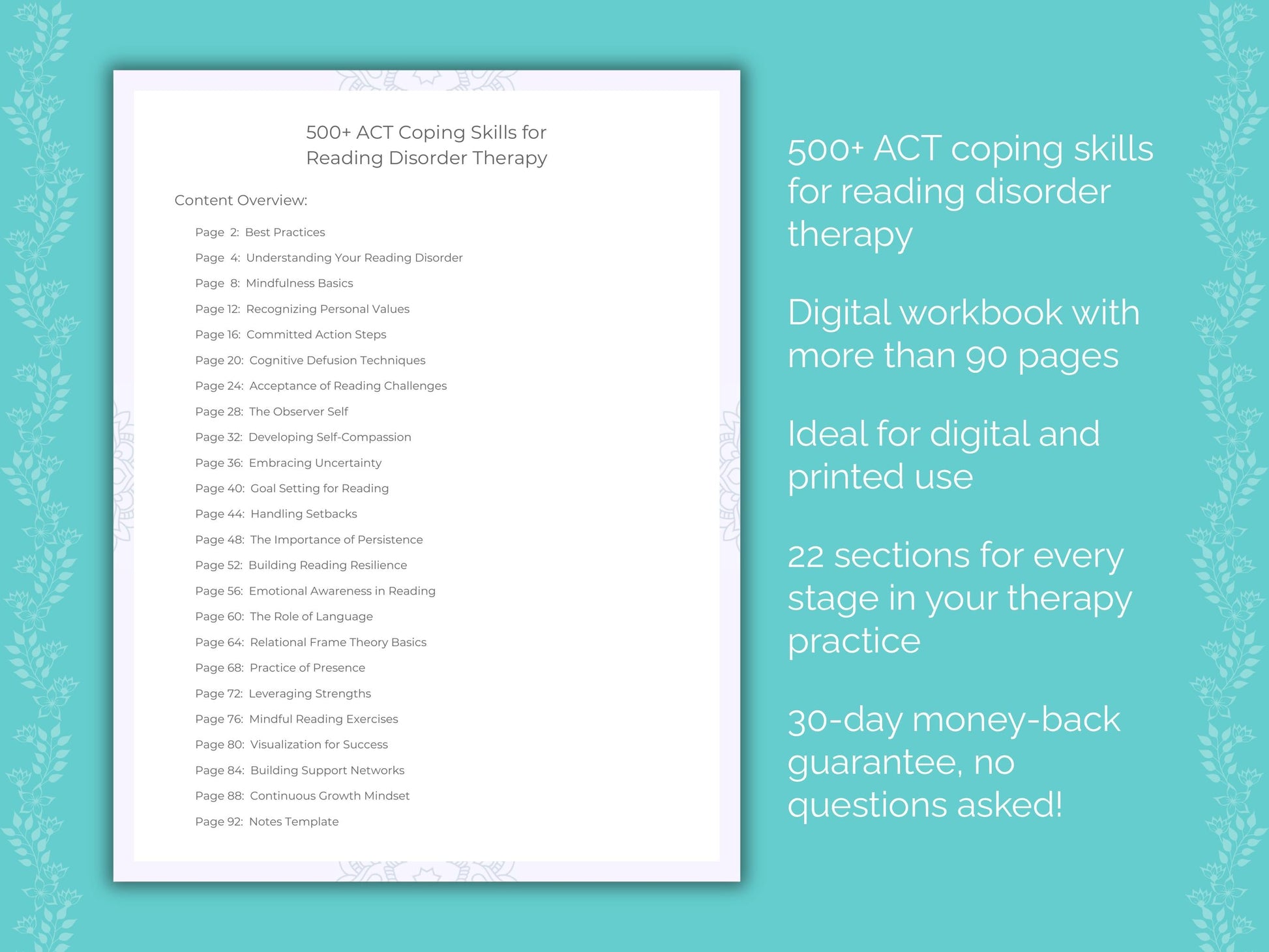 Reading Disorder Acceptance and Commitment Therapy (ACT) Therapist Worksheets