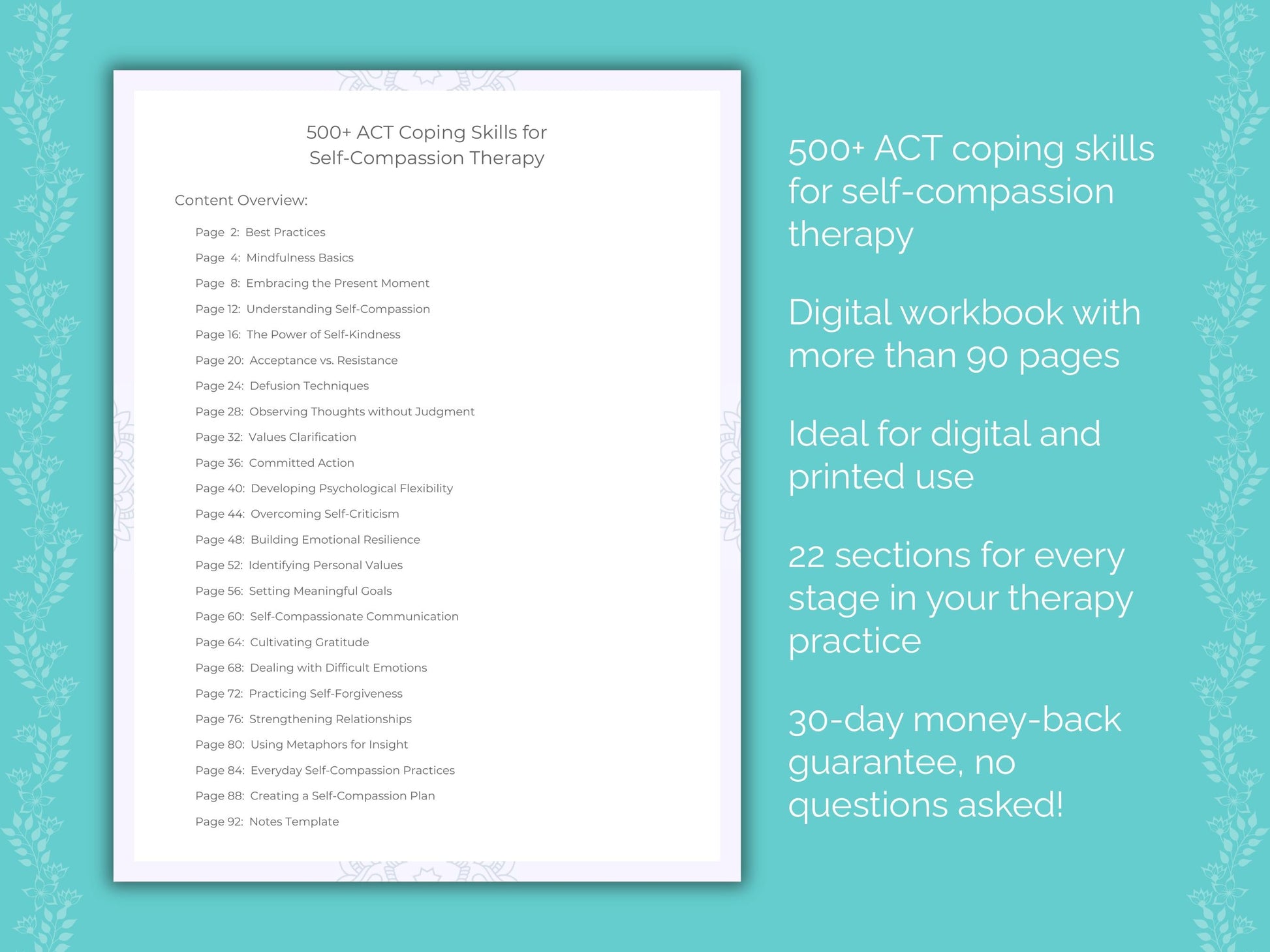 Self-Compassion Acceptance and Commitment Therapy (ACT) Therapist Worksheets