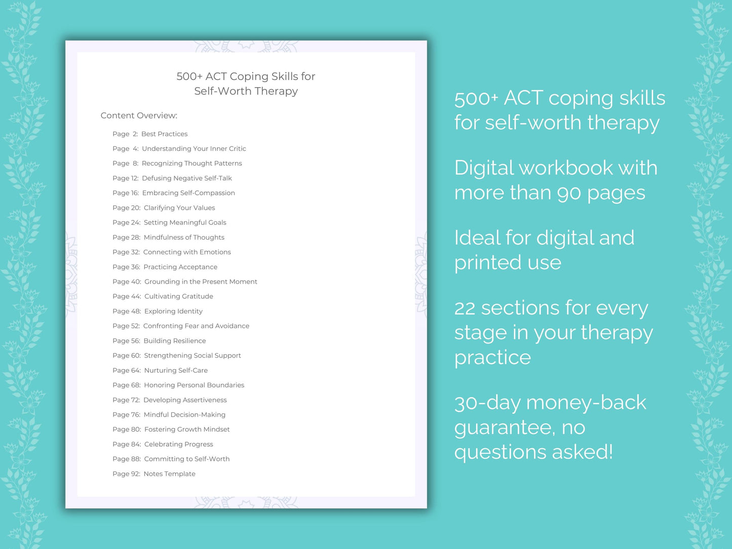 Self-Worth Acceptance and Commitment Therapy (ACT) Therapist Worksheets
