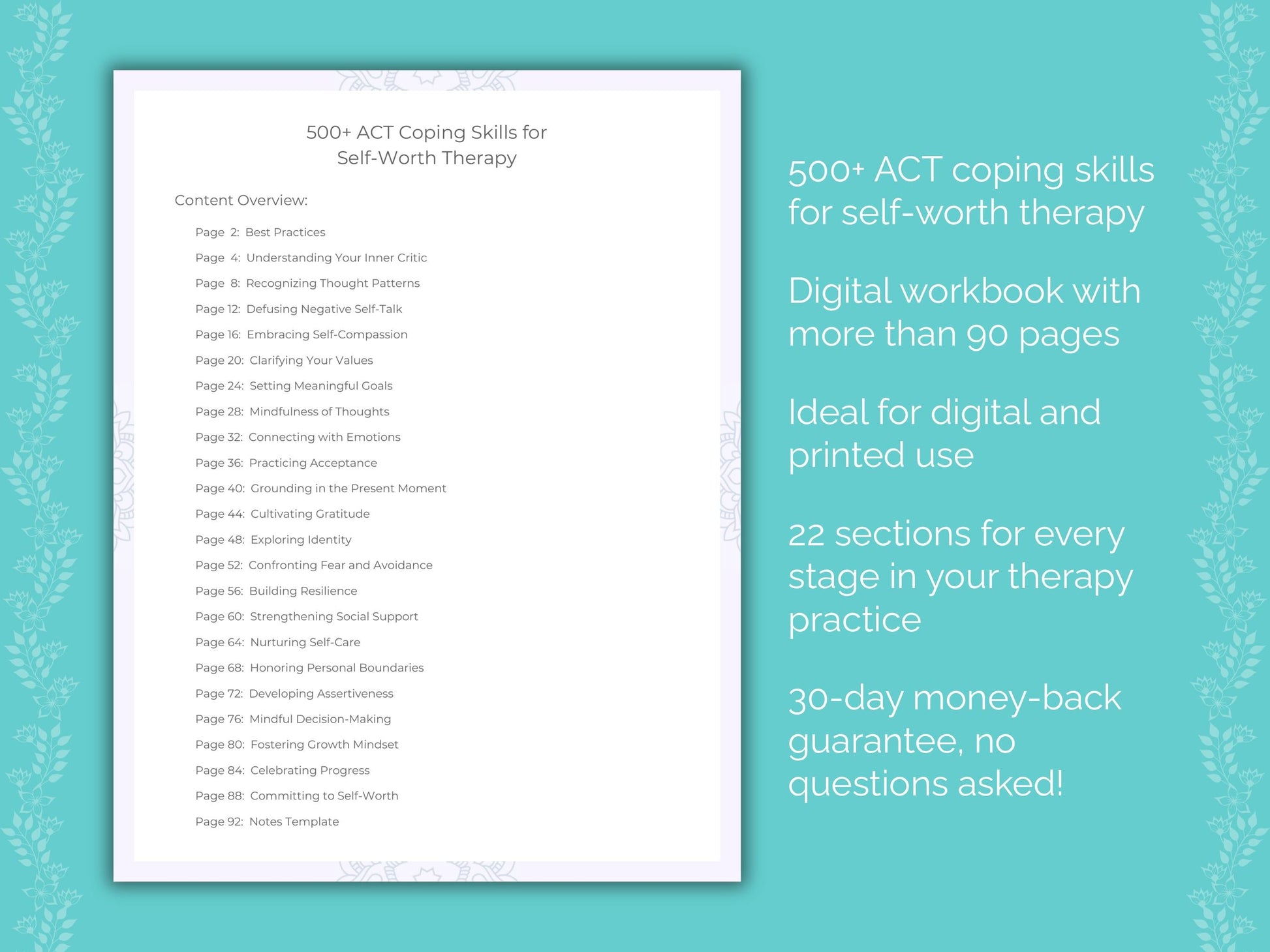 Self-Worth Acceptance and Commitment Therapy (ACT) Therapist Worksheets