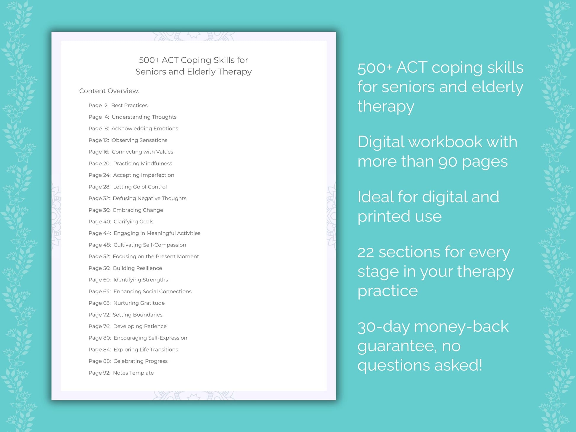 Seniors and Elderly Acceptance and Commitment Therapy (ACT) Therapist Worksheets