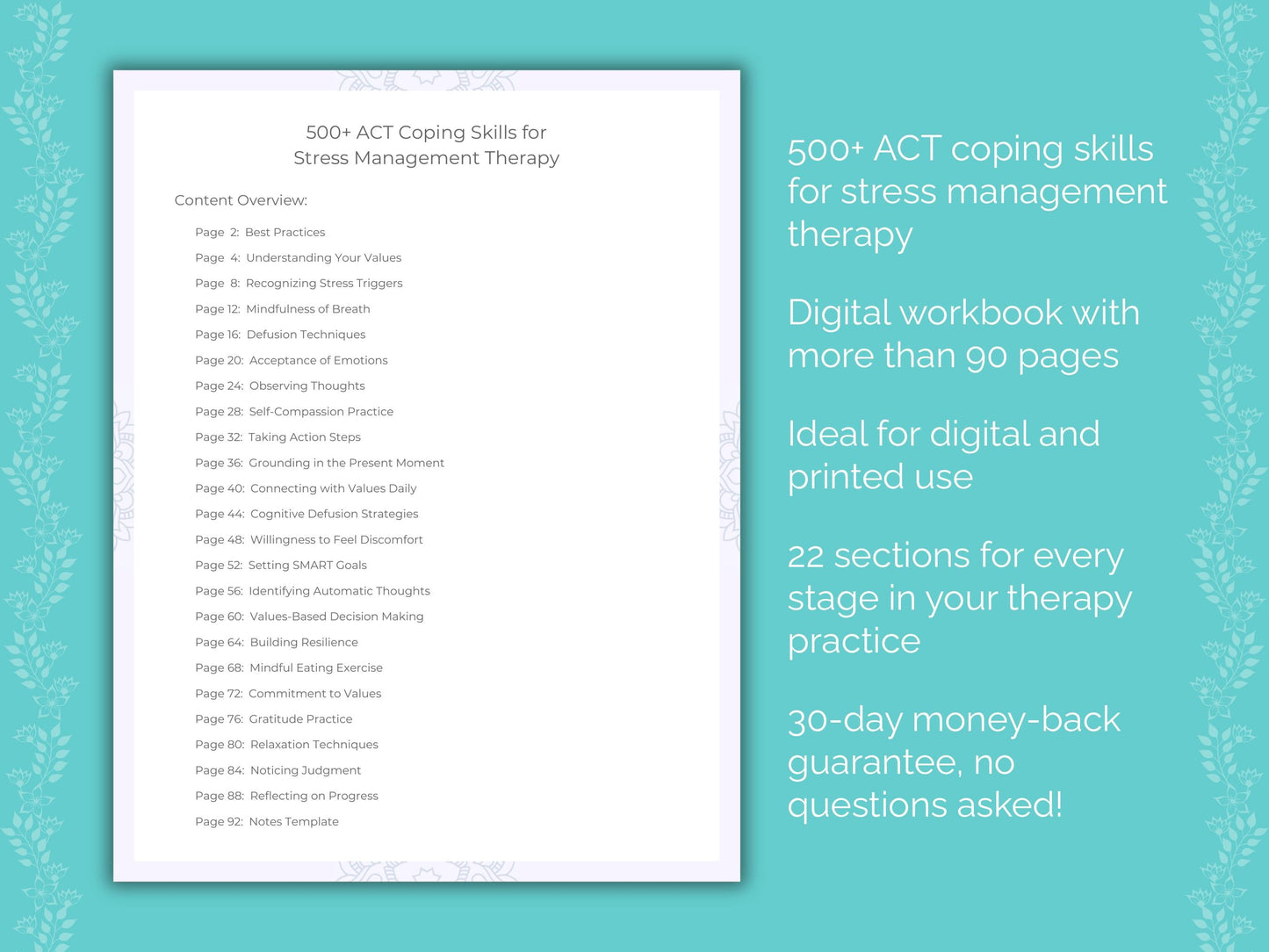 Stress Management Acceptance and Commitment Therapy (ACT) Therapist Worksheets