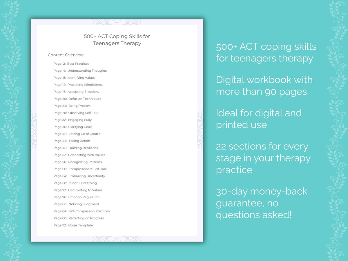 Teenagers Acceptance and Commitment Therapy (ACT) Therapist Worksheets